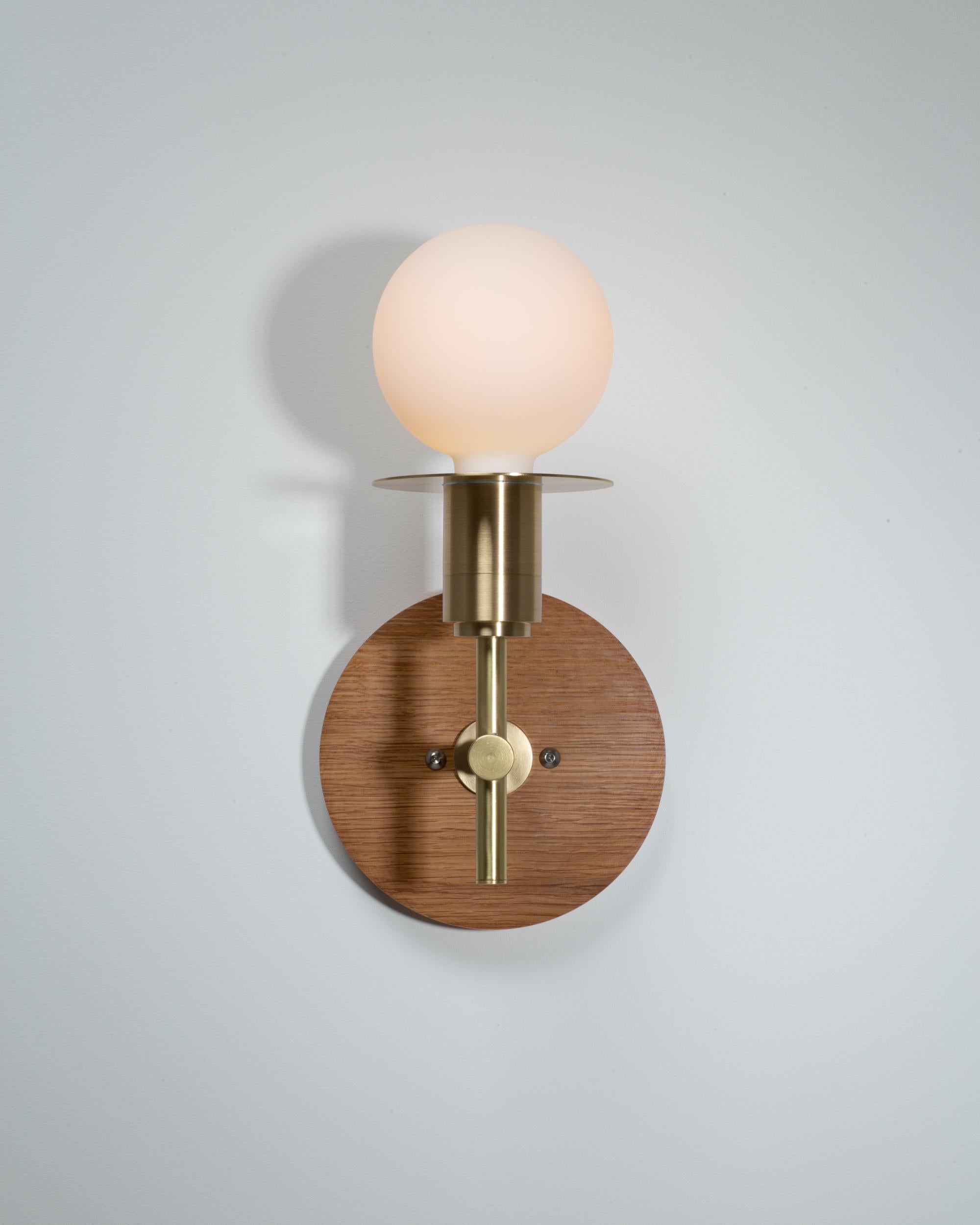 British Sphere Disc Oak Wall Mount Stem Sconce by Lights of London For Sale