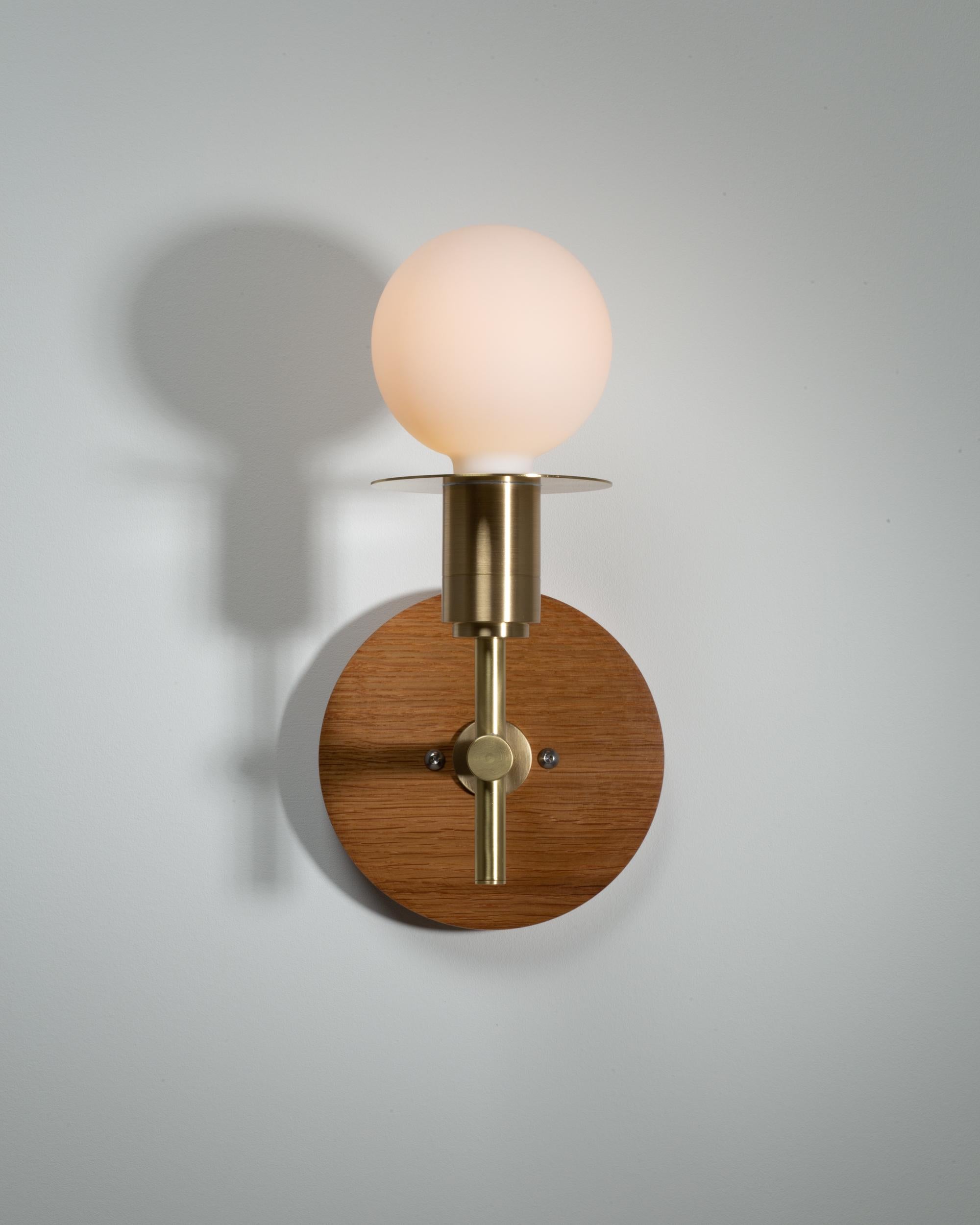 Hand-Crafted Sphere Disc Oak Wall Mount Stem Sconce by Lights of London For Sale