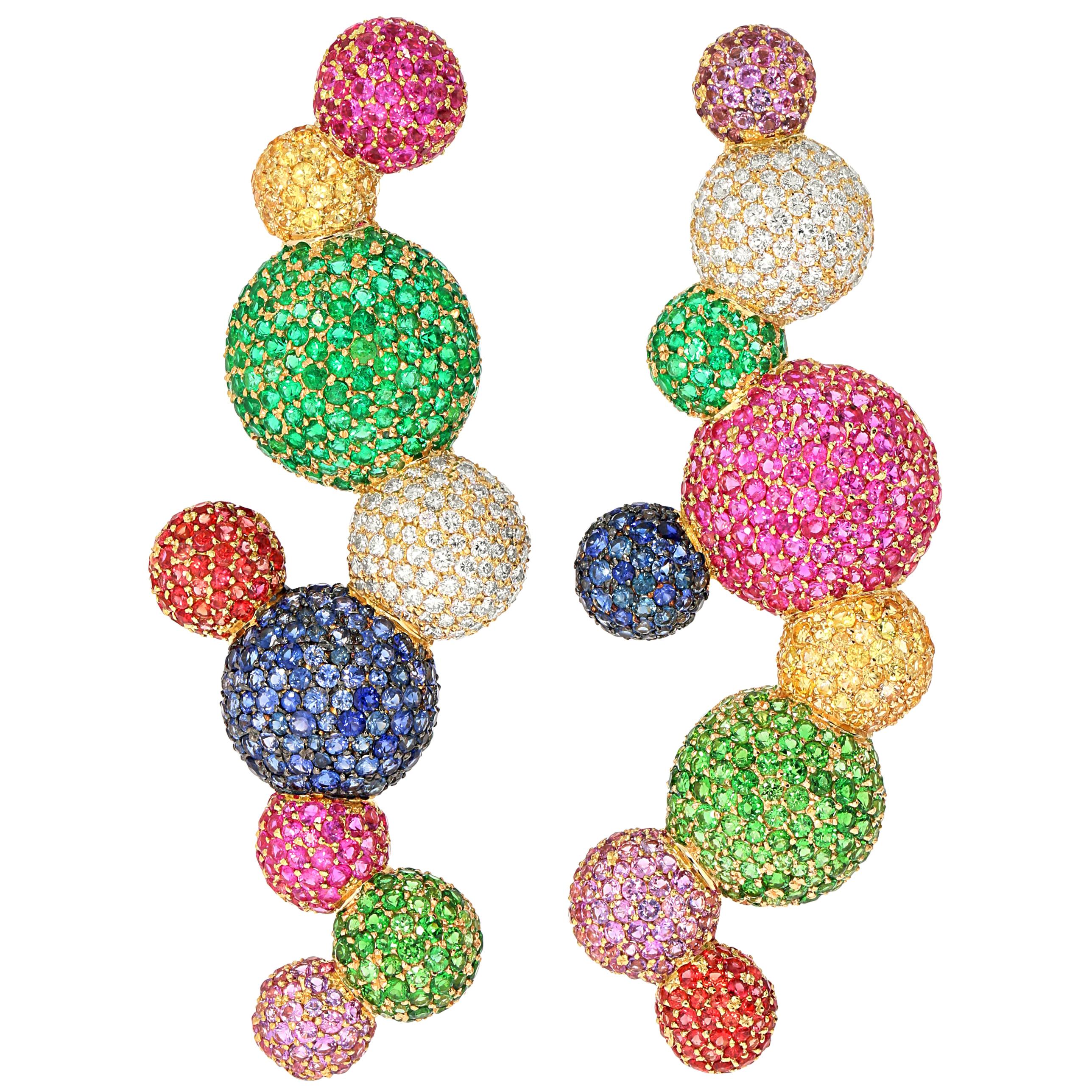 Rosior Diamond, Sapphire, Emerald and Tsavorite one of a kind "Sphere" Earrings