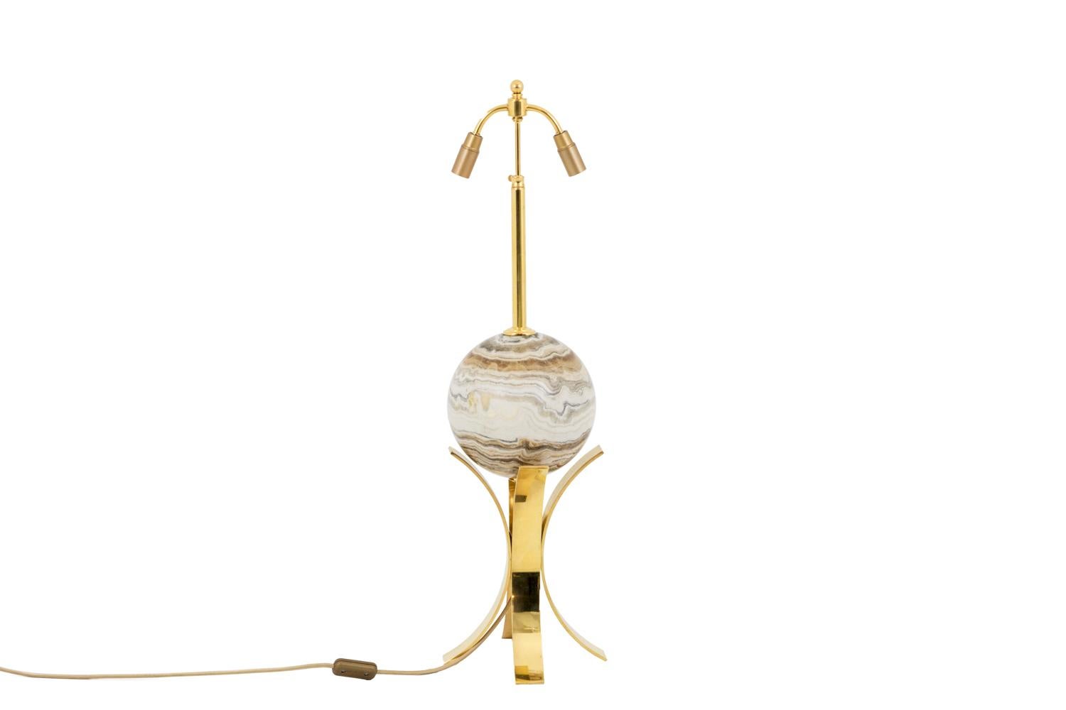 European Sphere Lamp in Marble and Gilt Brass, 1970s For Sale