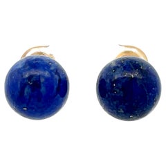 Sphere Shaped 12 mm Lapis Lazuli Stud Earrings 14K Yellow Gold