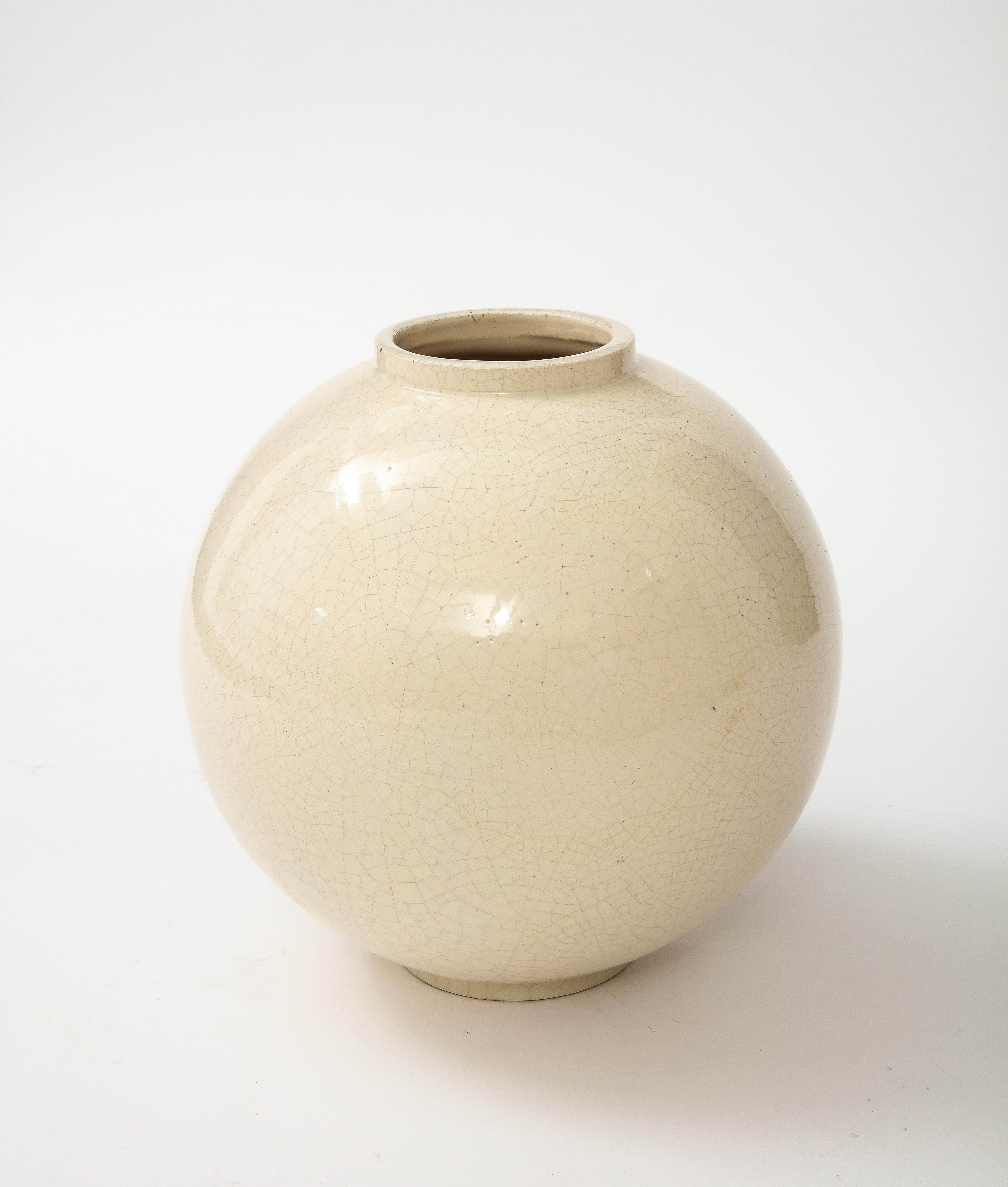 French Sphere Shaped Vase with off White Cracquelure Glaze, France, circa 1930, Signed For Sale