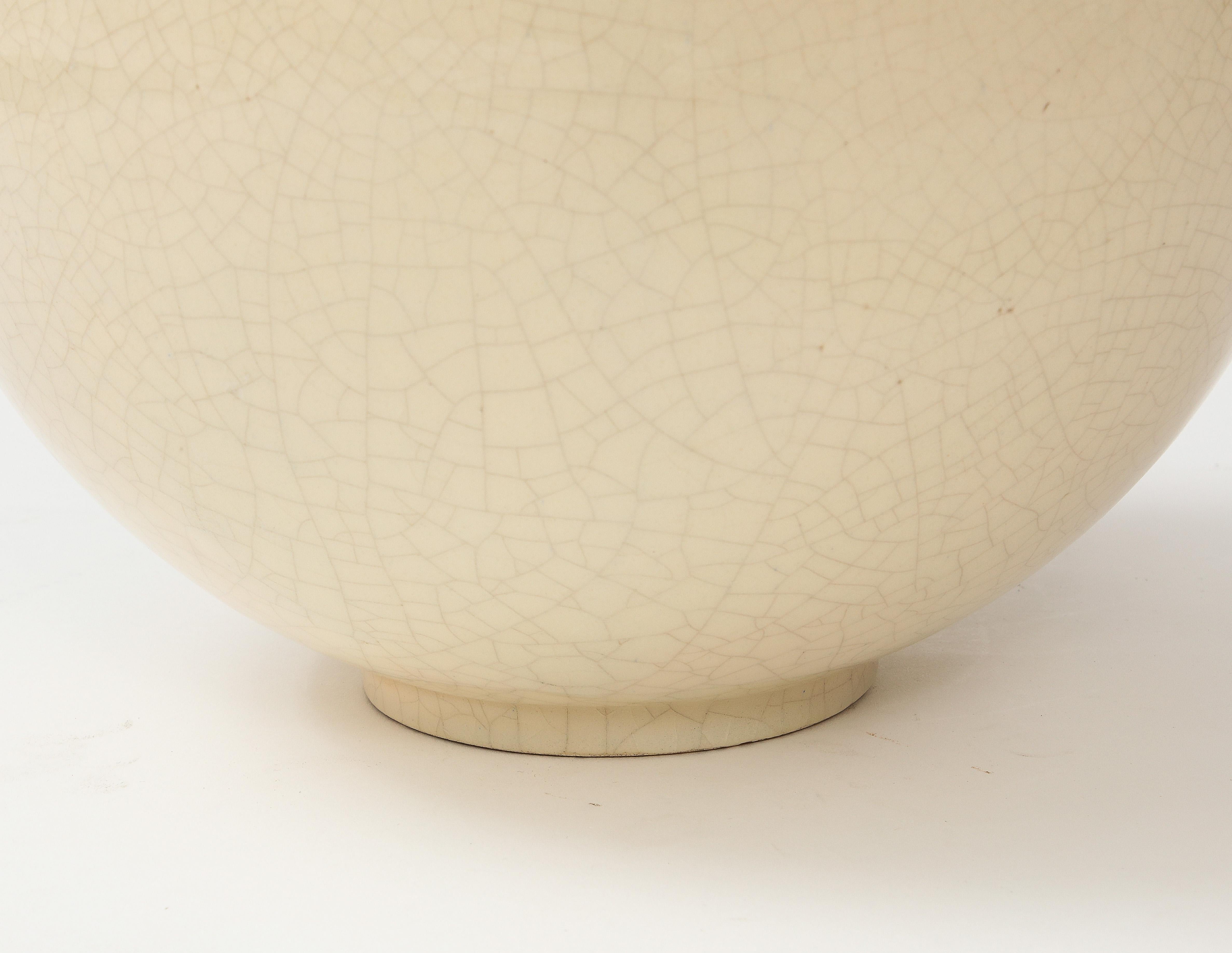 Mid-20th Century Sphere Shaped Vase with off White Cracquelure Glaze, France, circa 1930, Signed For Sale