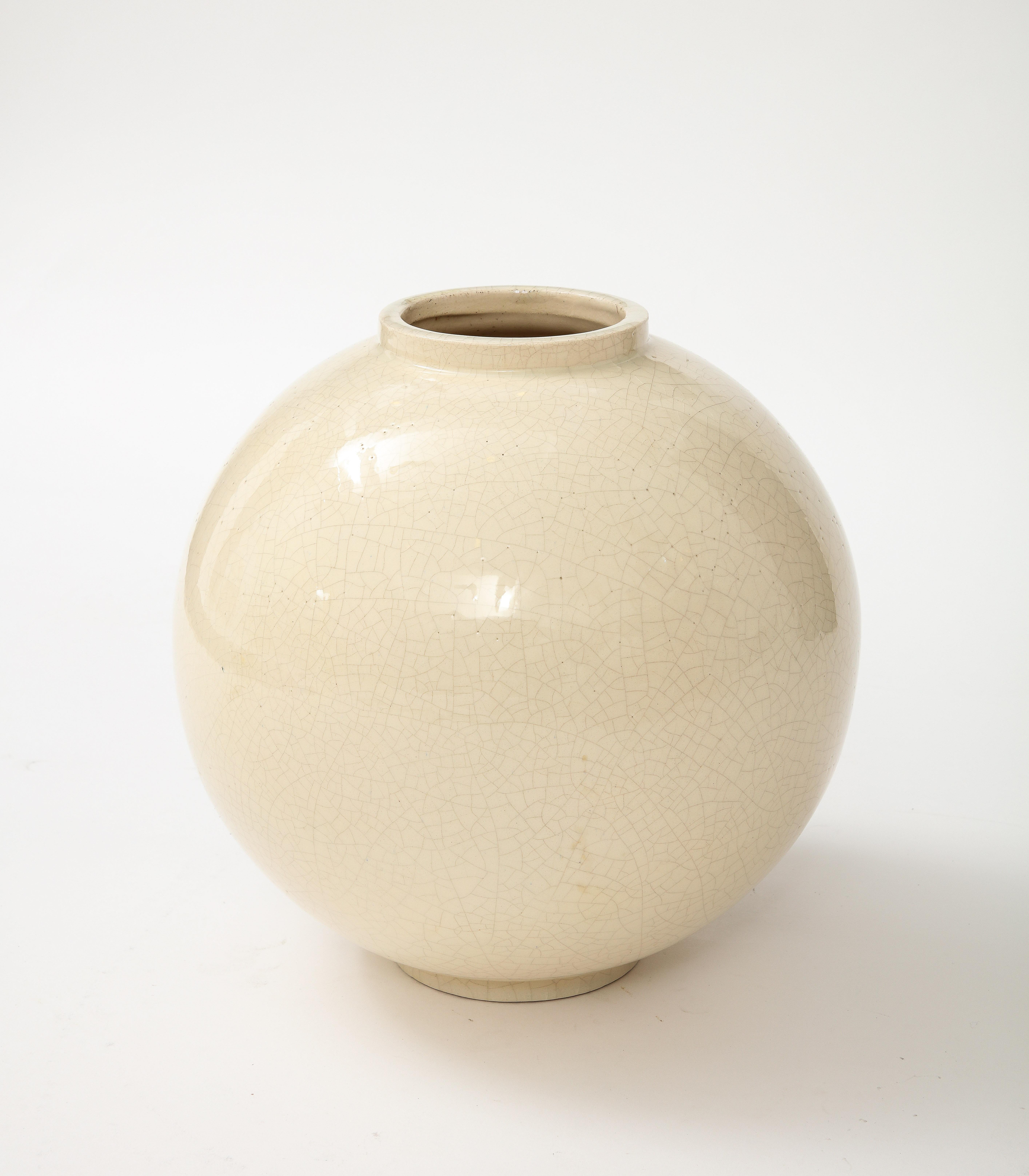 Ceramic Sphere Shaped Vase with off White Cracquelure Glaze, France, circa 1930, Signed For Sale