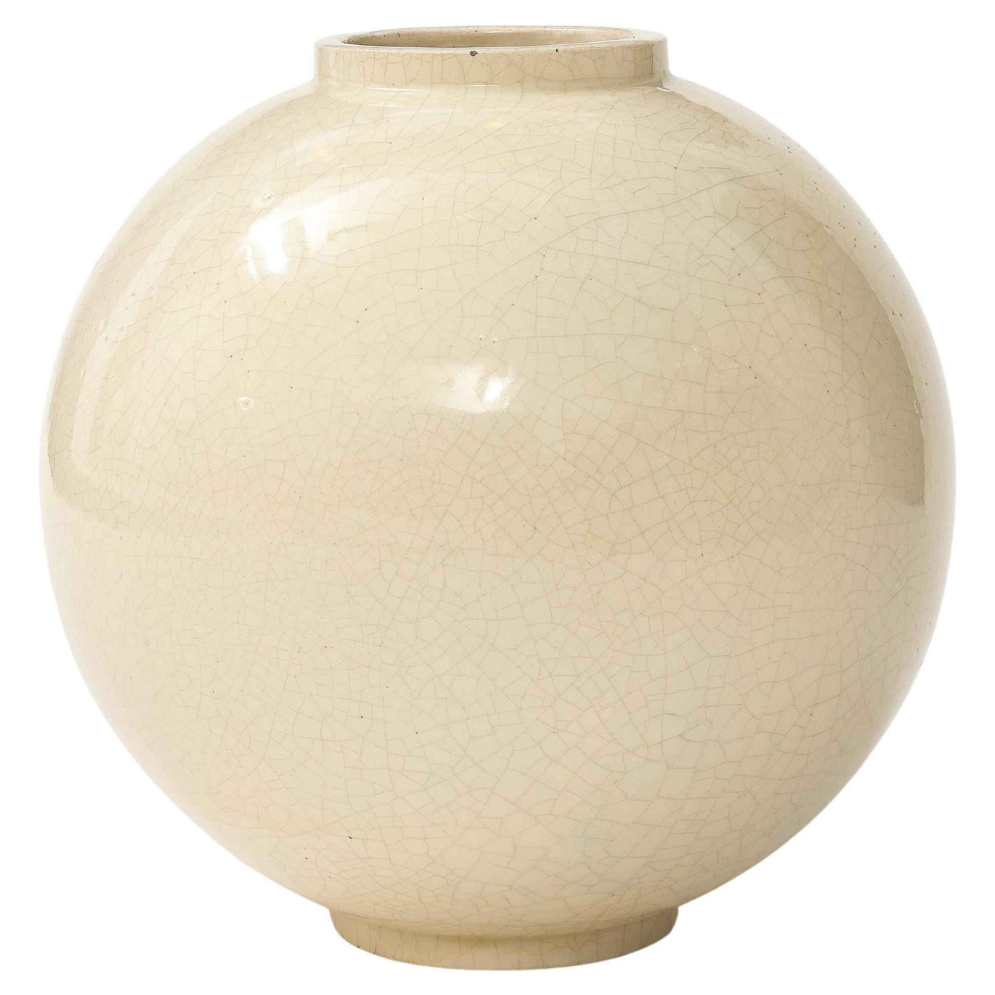 Sphere Shaped Vase with off White Cracquelure Glaze, France, circa 1930, Signed For Sale