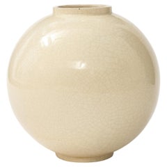 Sphere Shaped Vase with off White Cracquelure Glaze, France, circa 1930, Signed