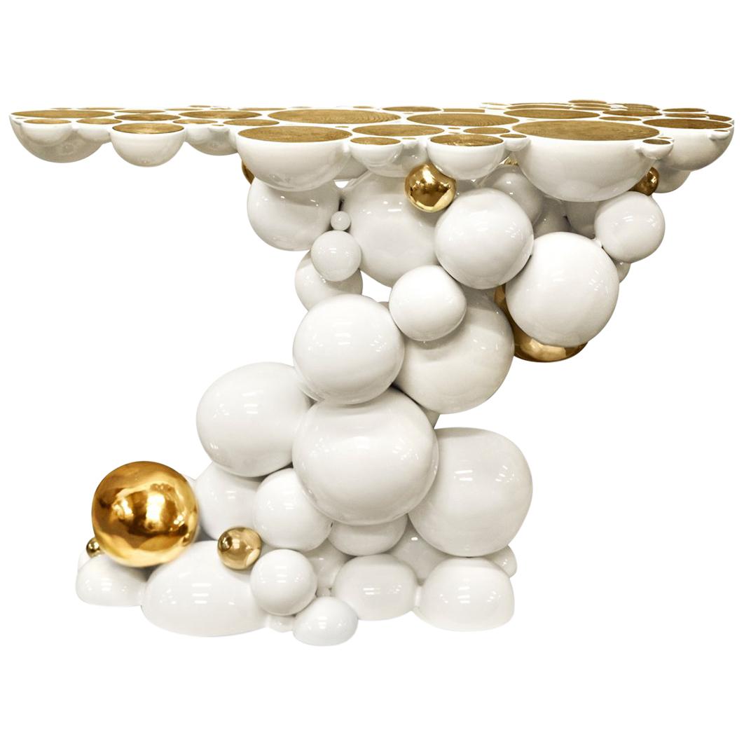 Tavolo Consolle Spheres con sfere in alluminio bianco e oro