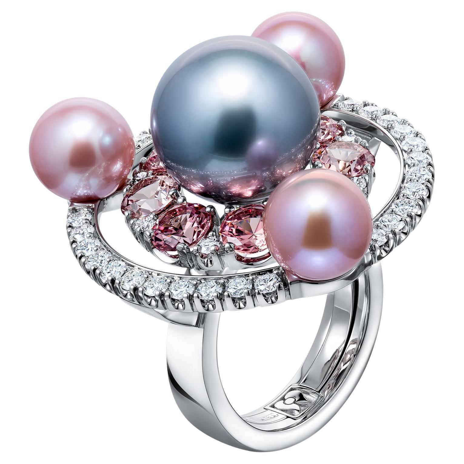 "Esferas" Granate de Malaya Perla de agua dulce Perla de Tahití Diamante Anillo de Oro Blanco en venta
