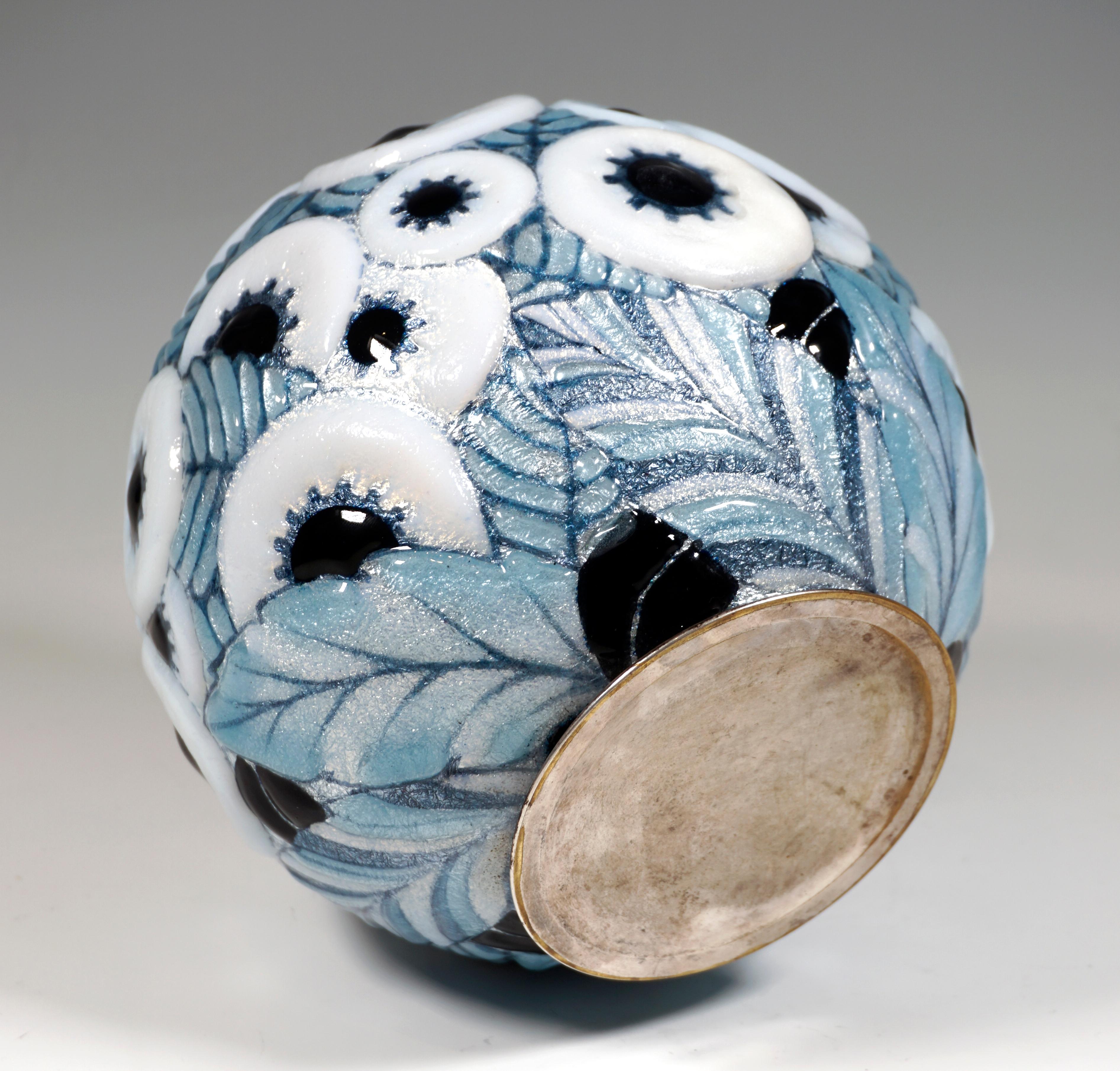 Early 20th Century Spherical Art Déco Enamel Vase With Ornamental Decor, Camille Fauré, France 1920 For Sale