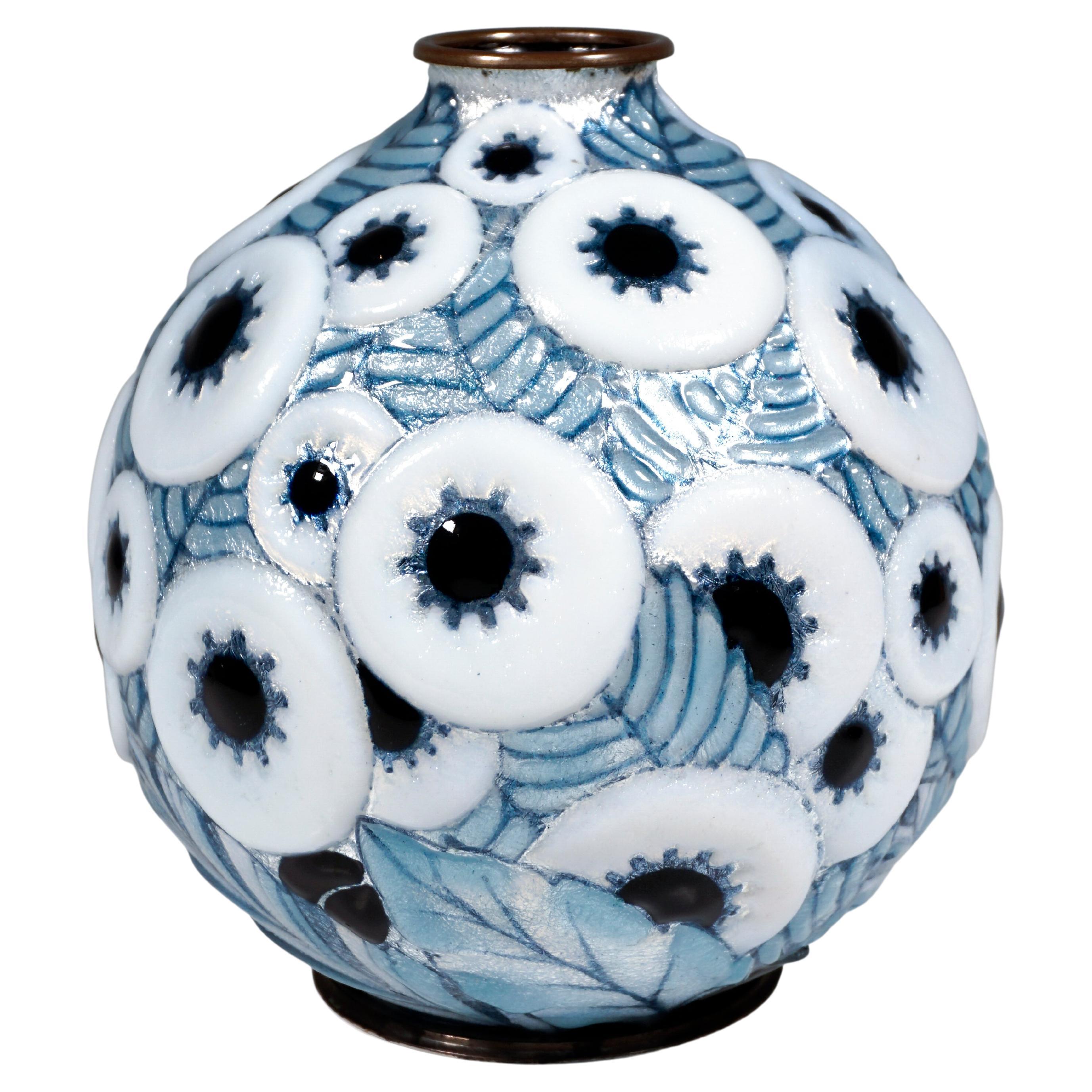 Spherical Art Déco Enamel Vase With Ornamental Decor, Camille Fauré, France 1920 For Sale