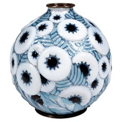 Spherical Art Déco Enamel Vase With Ornamental Decor, Camille Fauré, France 1920