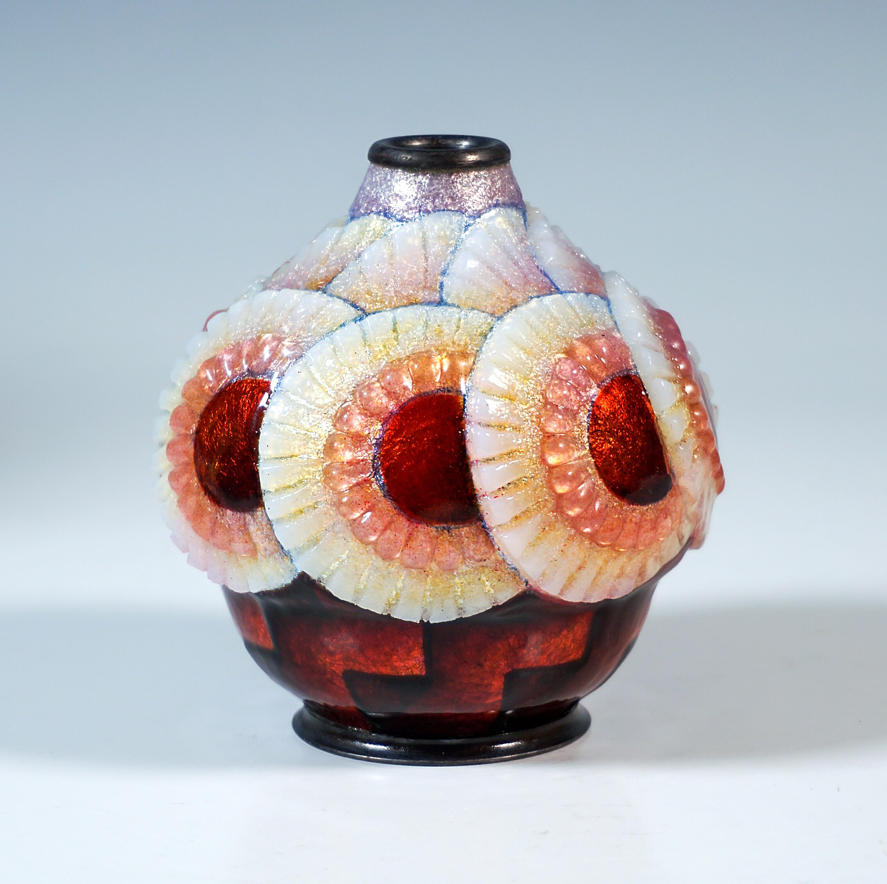 Art Deco Spherical Art Déco Enamel Vase With Ornamental Decor, Camille Fauré, France 1925 For Sale