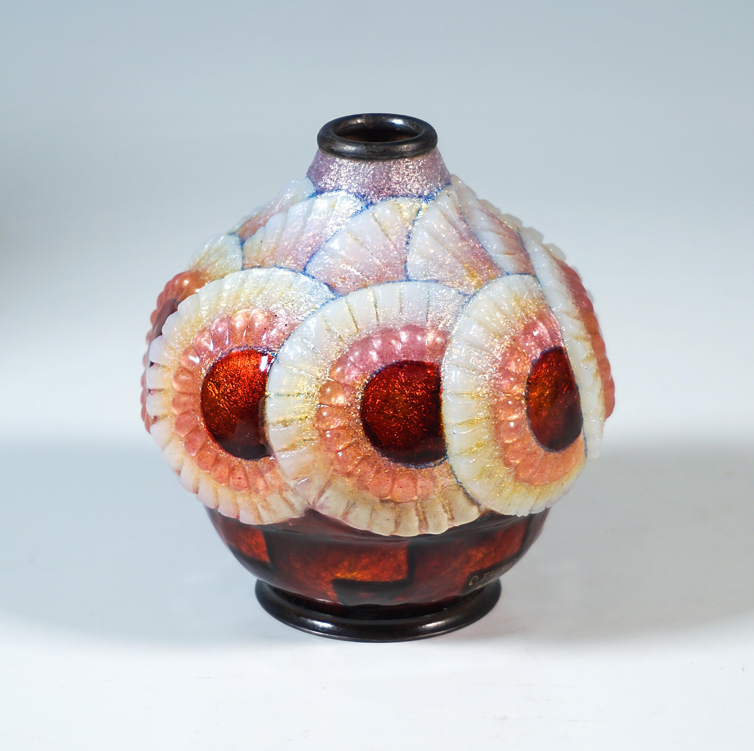 French Spherical Art Déco Enamel Vase With Ornamental Decor, Camille Fauré, France 1925 For Sale