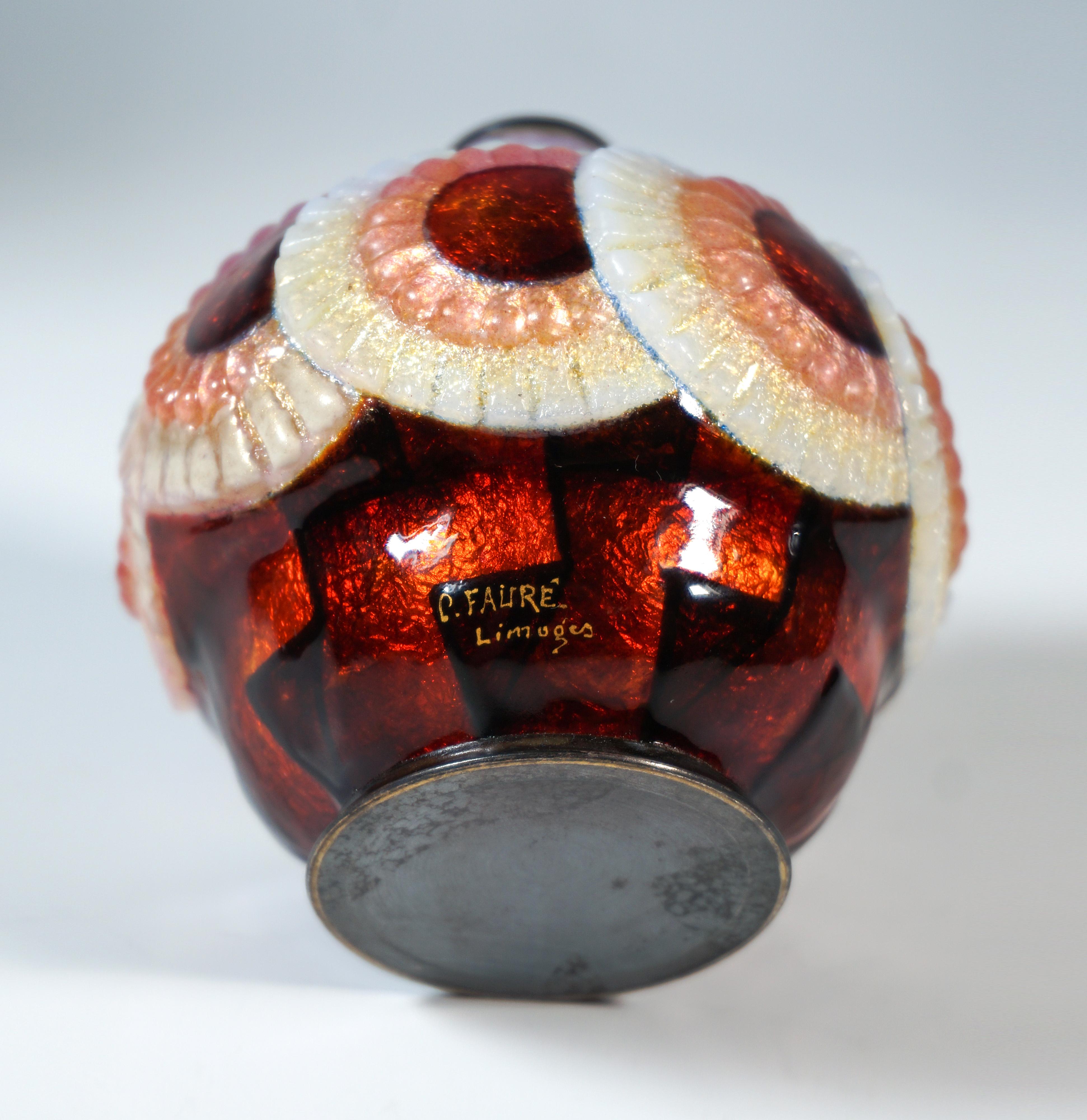 Early 20th Century Spherical Art Déco Enamel Vase With Ornamental Decor, Camille Fauré, France 1925 For Sale