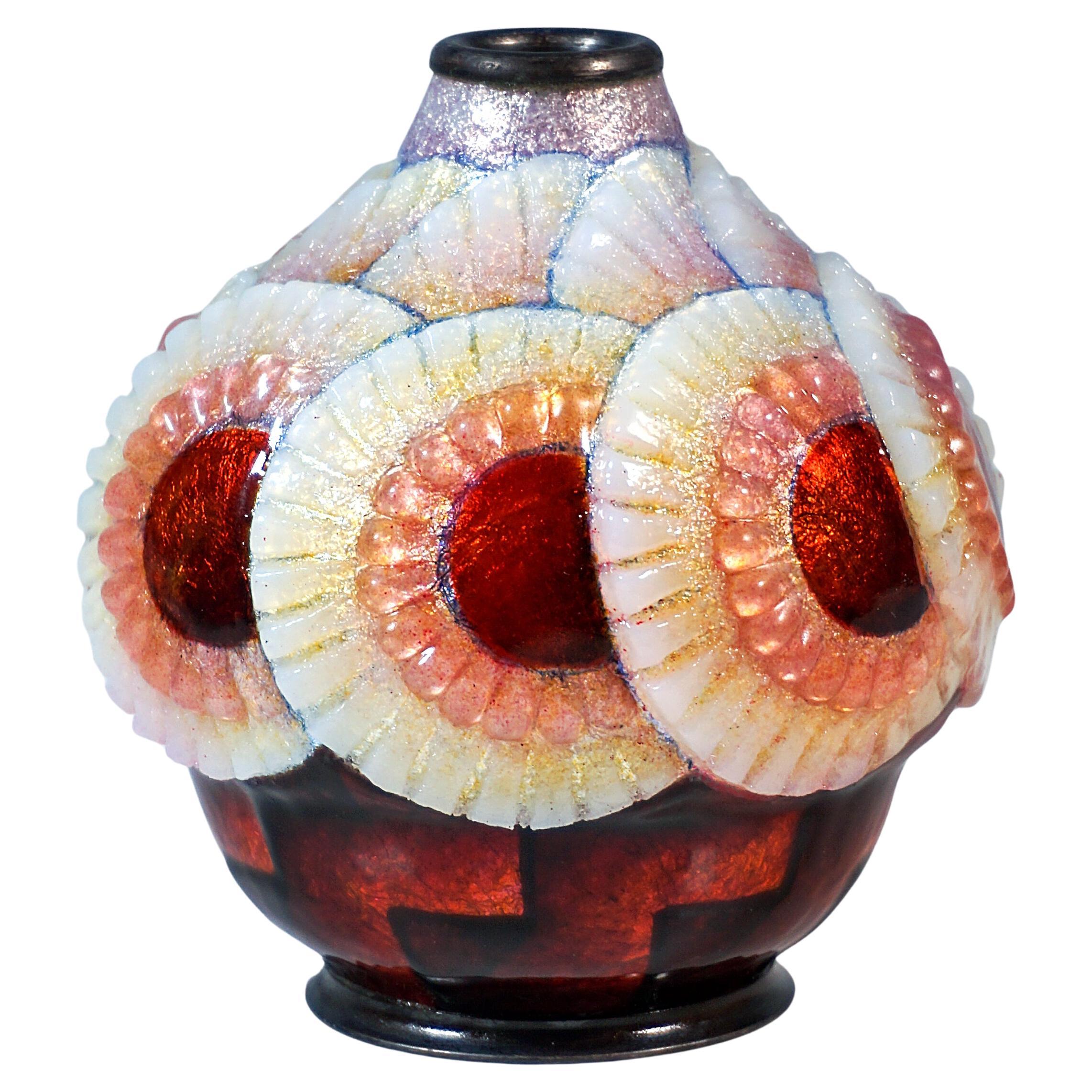 Spherical Art Déco Enamel Vase With Ornamental Decor, Camille Fauré, France 1925 For Sale