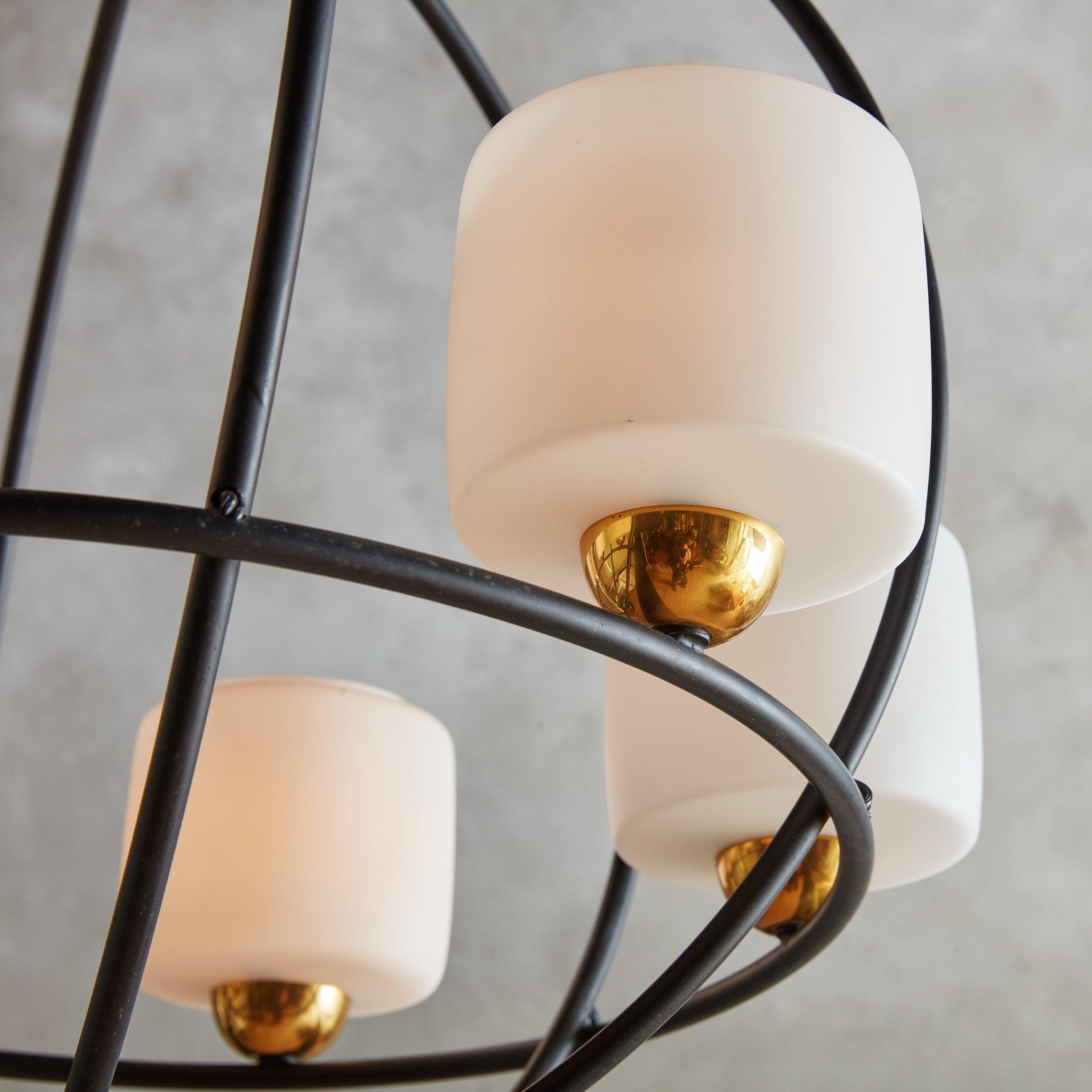 Spherical Black Iron Chandelier with White Globes, France 1950s 3