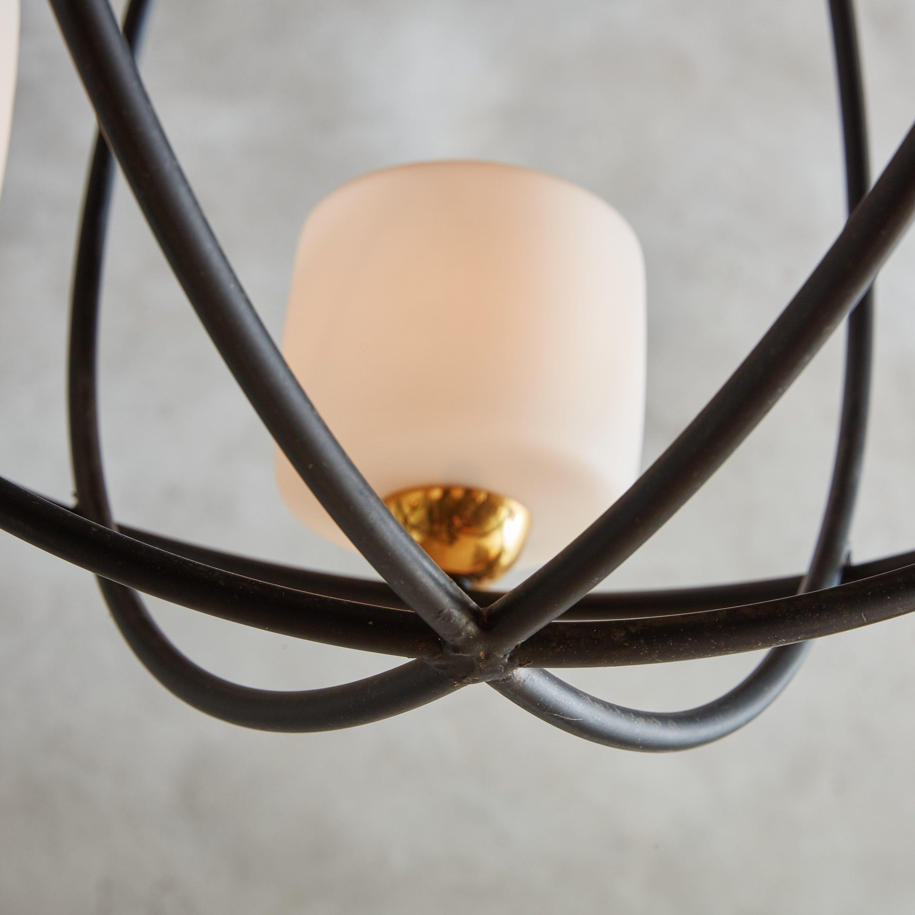 Spherical Black Iron Chandelier with White Globes, France 1950s 4