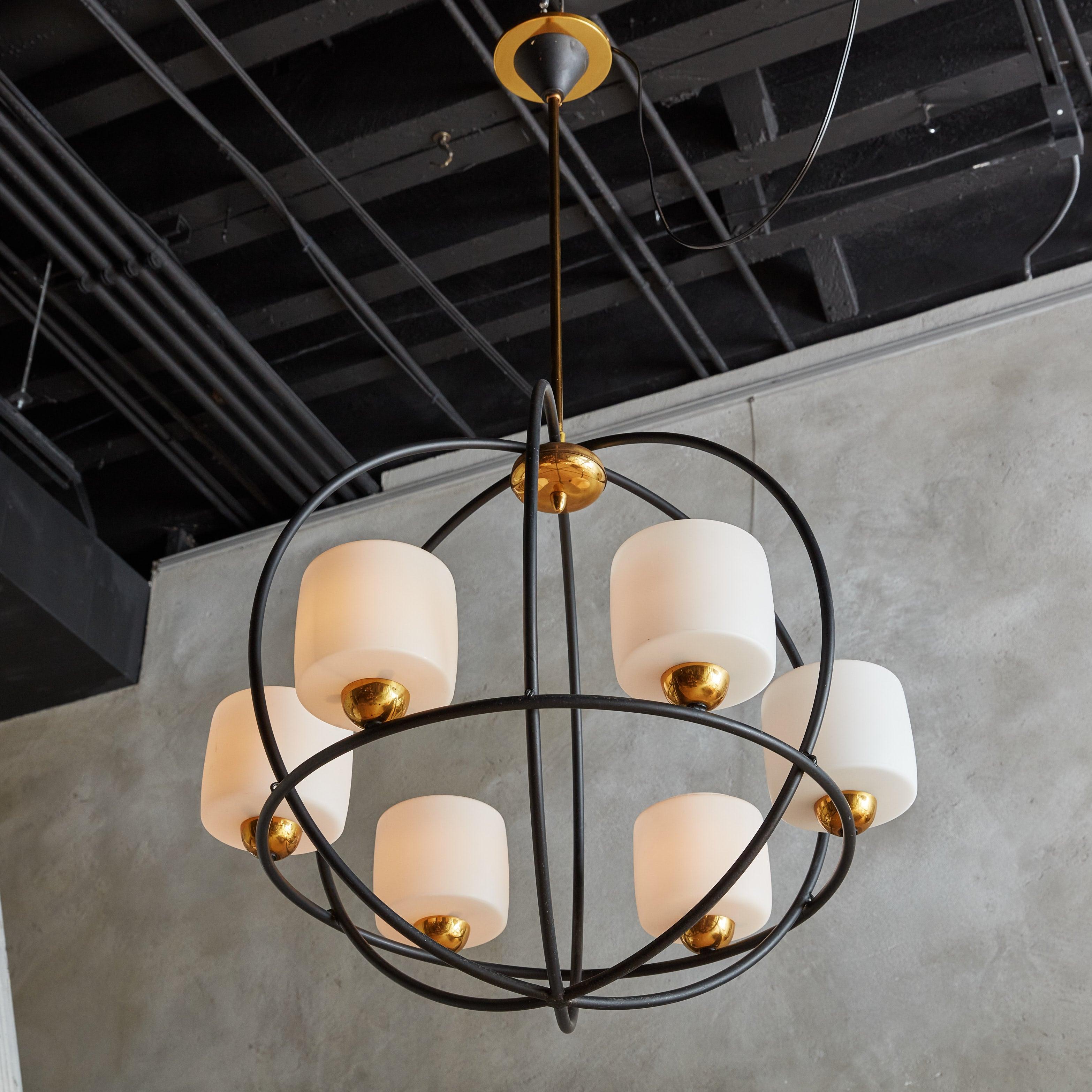 Mid-Century Modern Spherical Black Iron Chandelier with White Globes, France 1950s