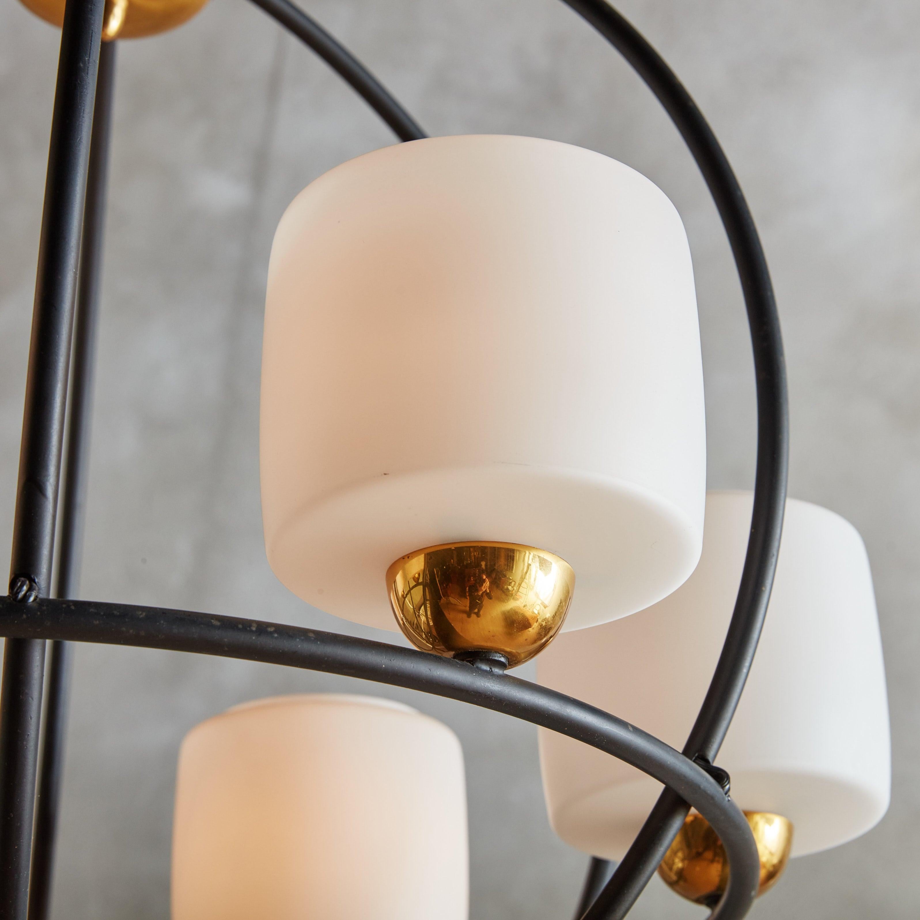 French Spherical Black Iron Chandelier with White Globes, France 1950s