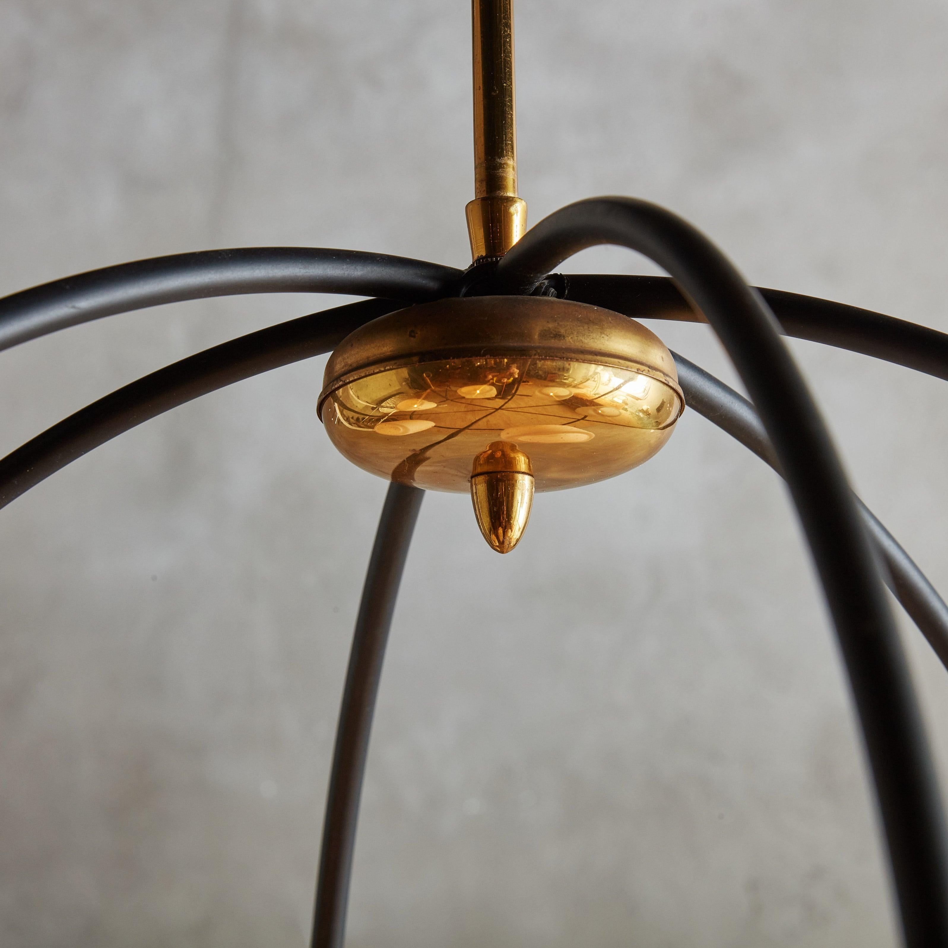 Mid-20th Century Spherical Black Iron Chandelier with White Globes, France 1950s