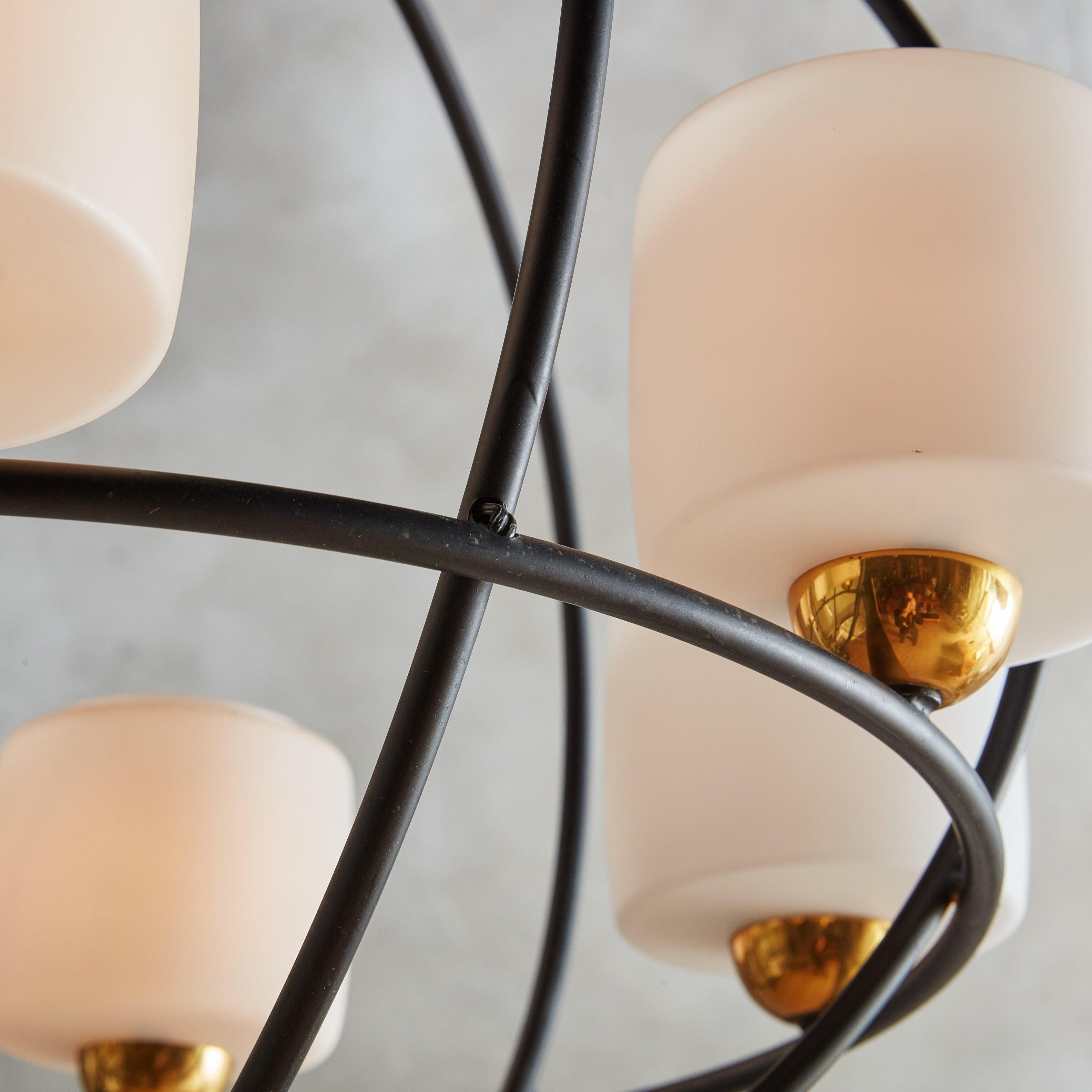 Brass Spherical Black Iron Chandelier with White Globes, France 1950s