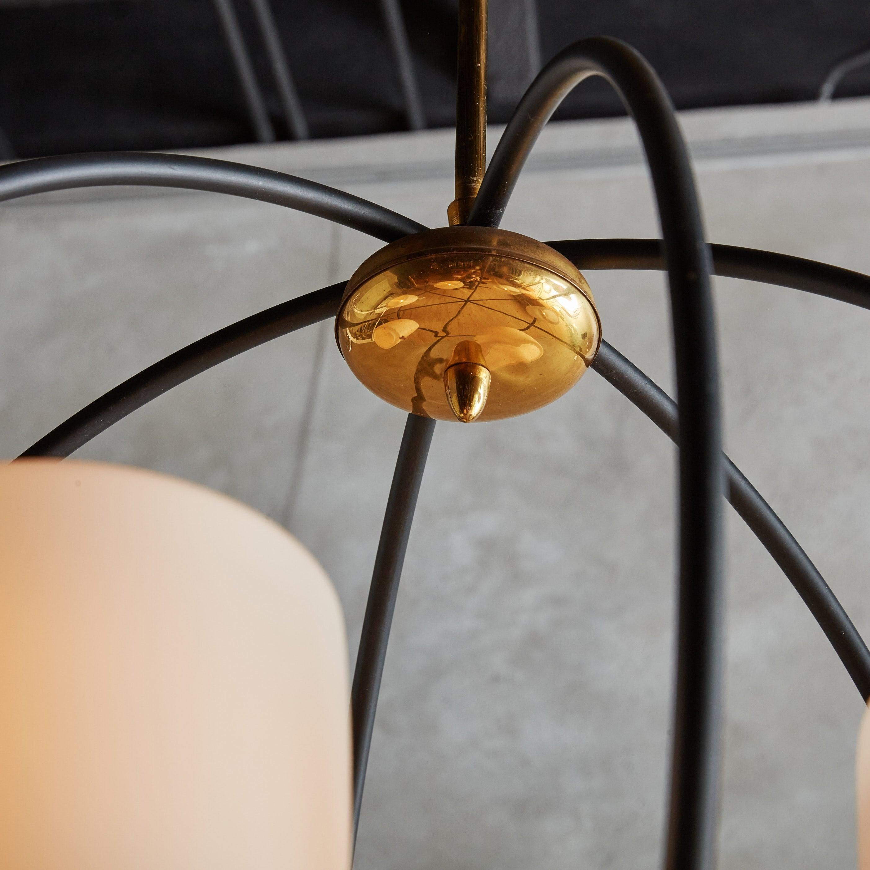 Spherical Black Iron Chandelier with White Globes, France 1950s 1