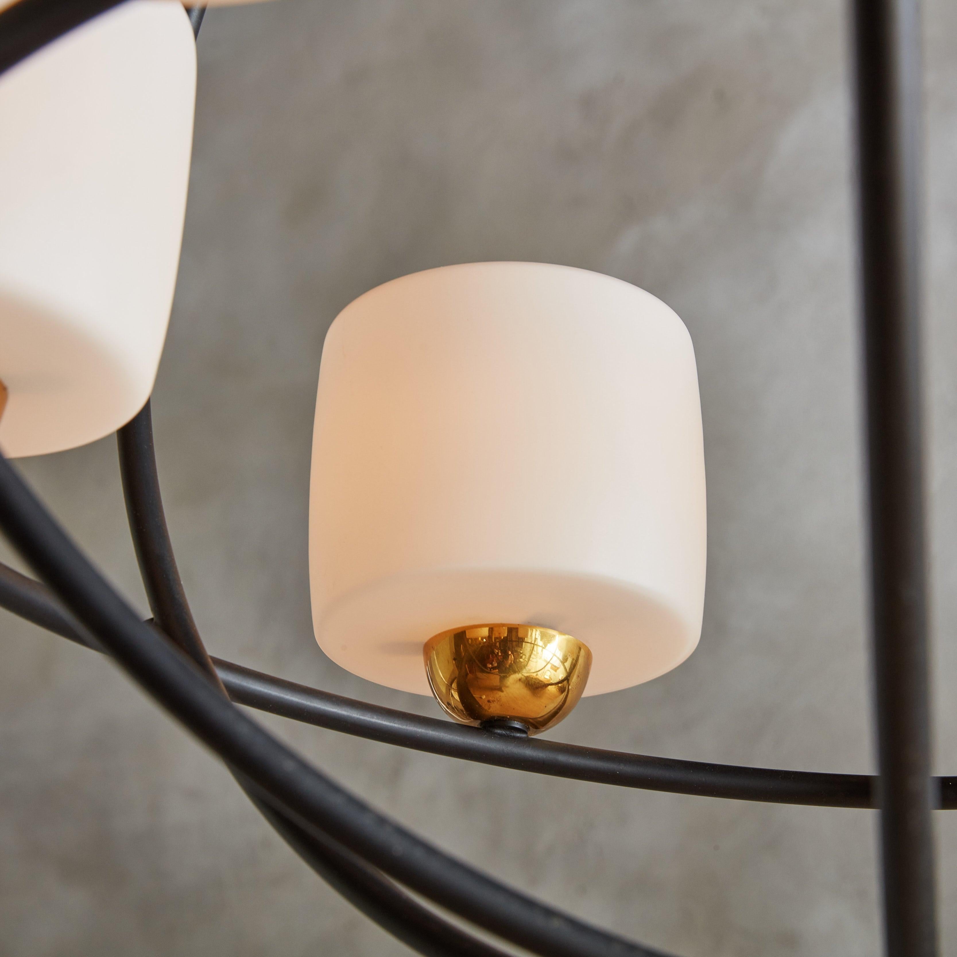 Spherical Black Iron Chandelier with White Globes, France 1950s 2