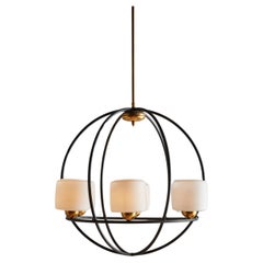 Spherical Black Iron Chandelier with White Globes, France 1950s