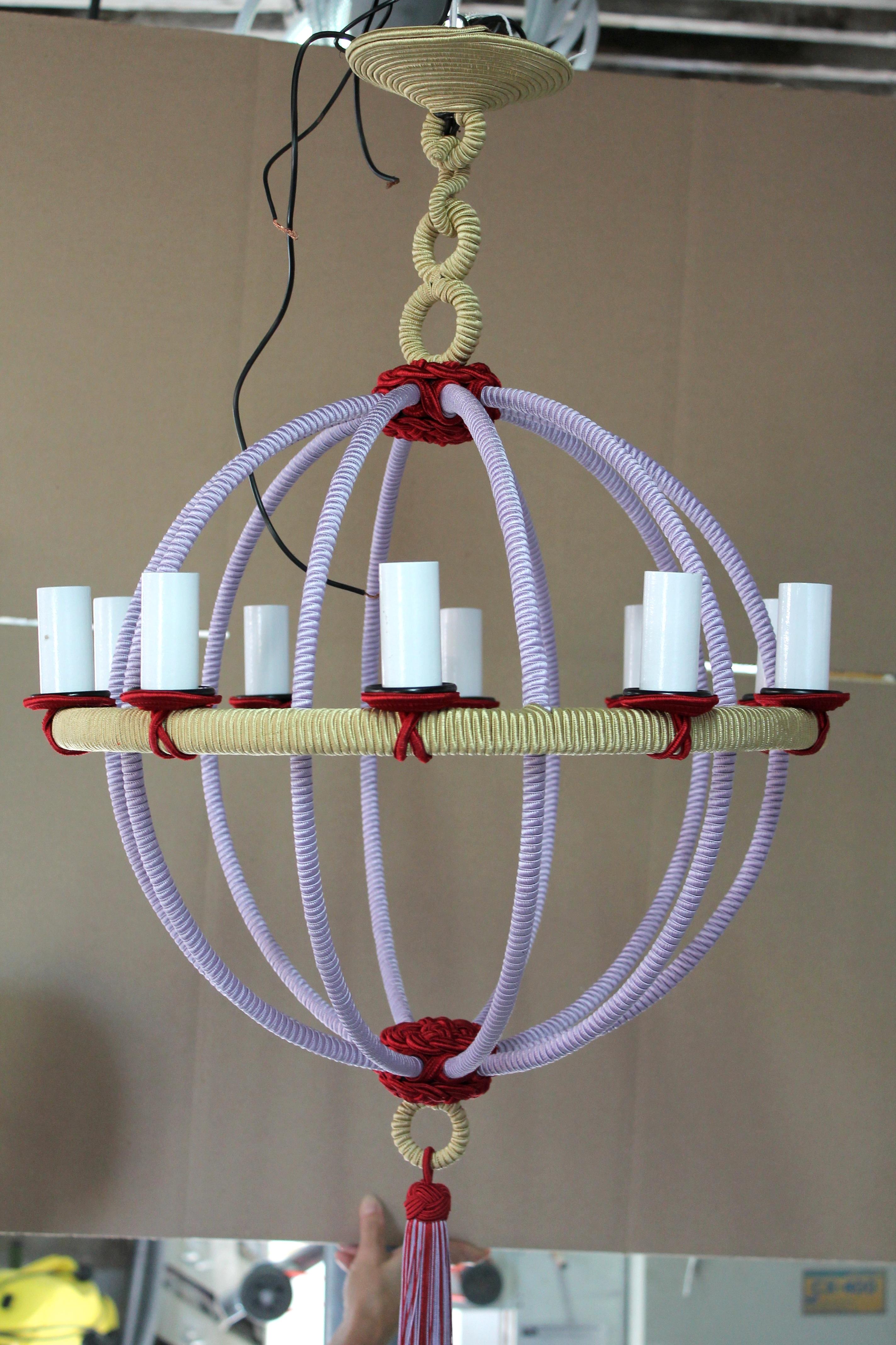 Spherical Chandelier Wrapped in Passementerie, Silk Cords with Tassel In New Condition For Sale In Ballard, CA