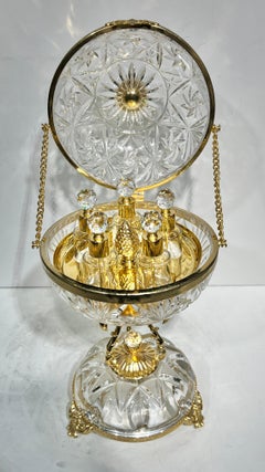Spherical Crystal Glass Perfume Decanter Set with Gilt Metal Stand