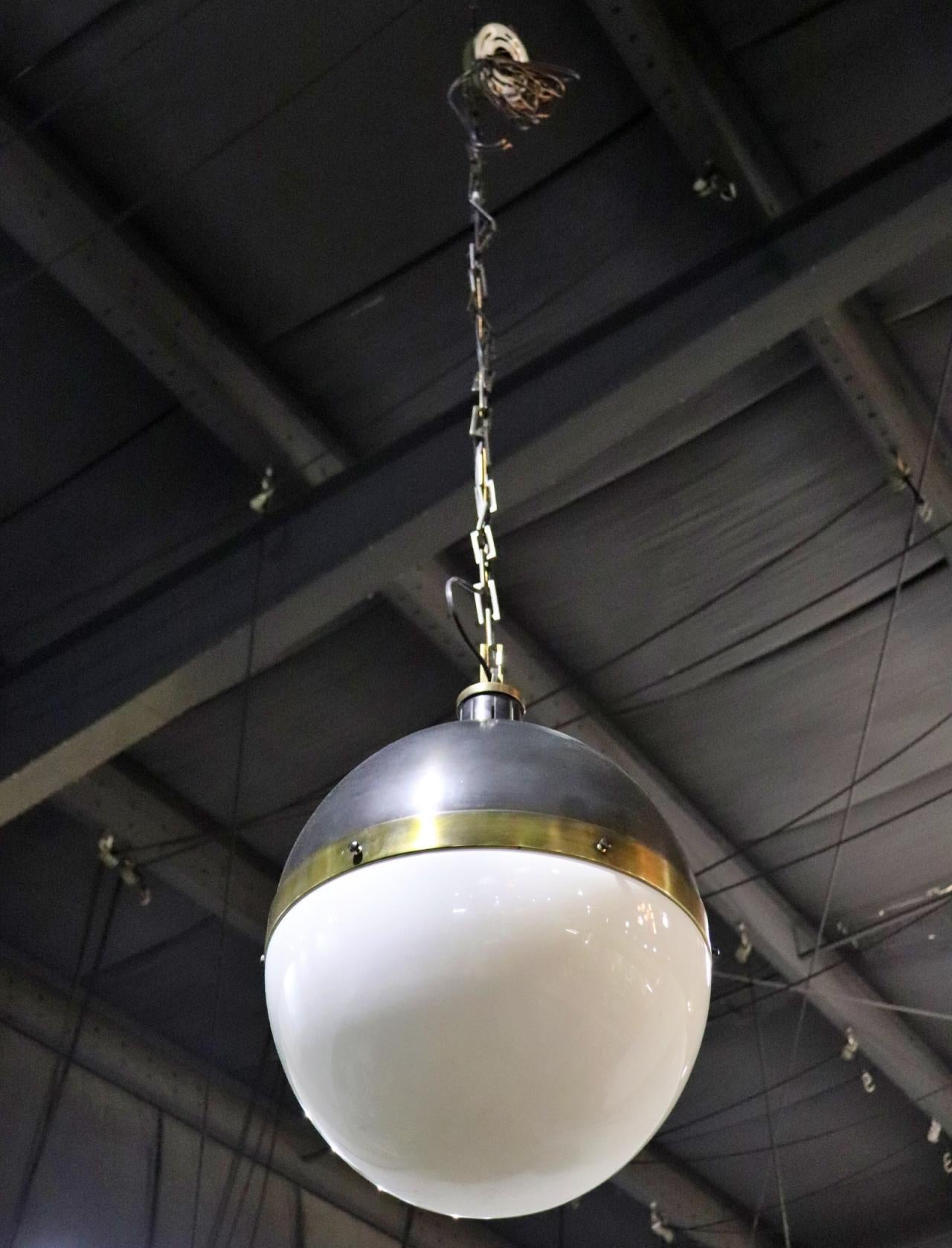 French Spherical Glass Brass and Metal Mid Century Modern Chandelier Pendant Lamp For Sale