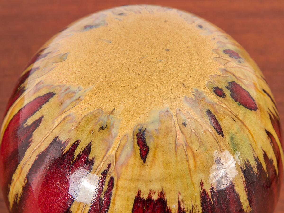 Mid-Century Modern Spherical Gold and Red Drip Glaze Art Pottery