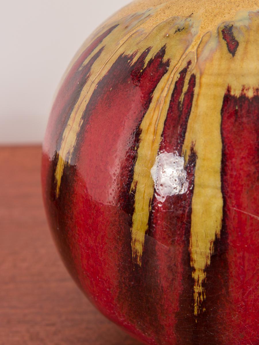 Spherical Gold and Red Drip Glaze Art Pottery In Good Condition In Brooklyn, NY