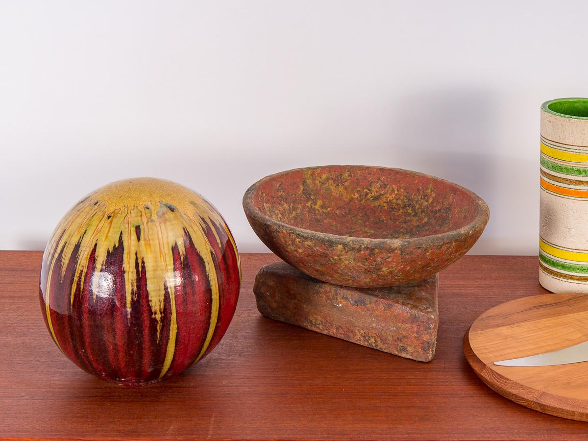 20th Century Spherical Gold and Red Drip Glaze Art Pottery