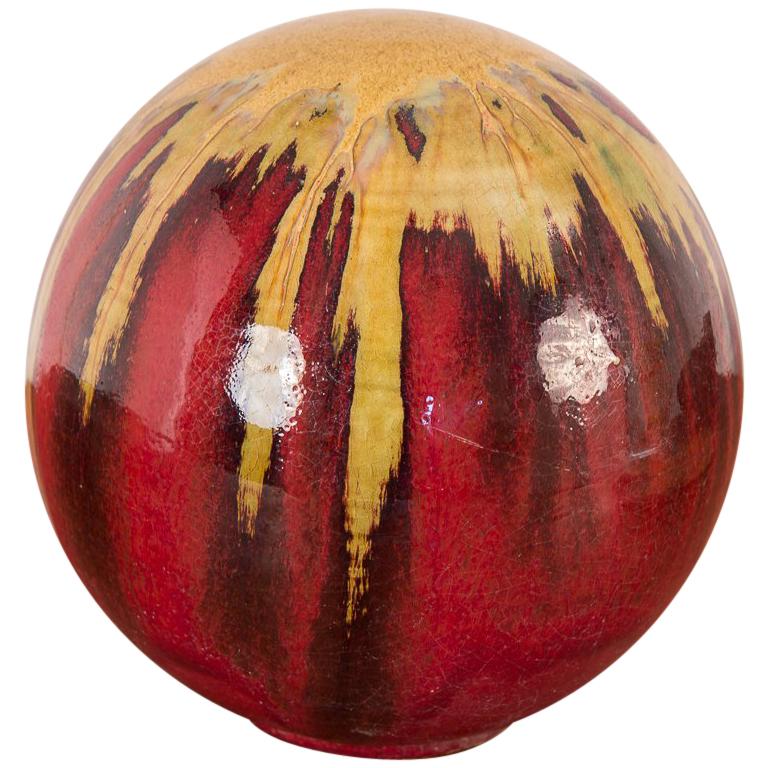 Spherical Gold and Red Drip Glaze Art Pottery