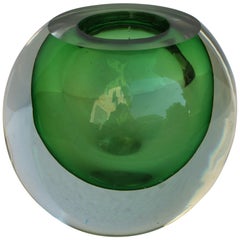 Spherical Green Sommerso Murano Glass Vase, 1970s