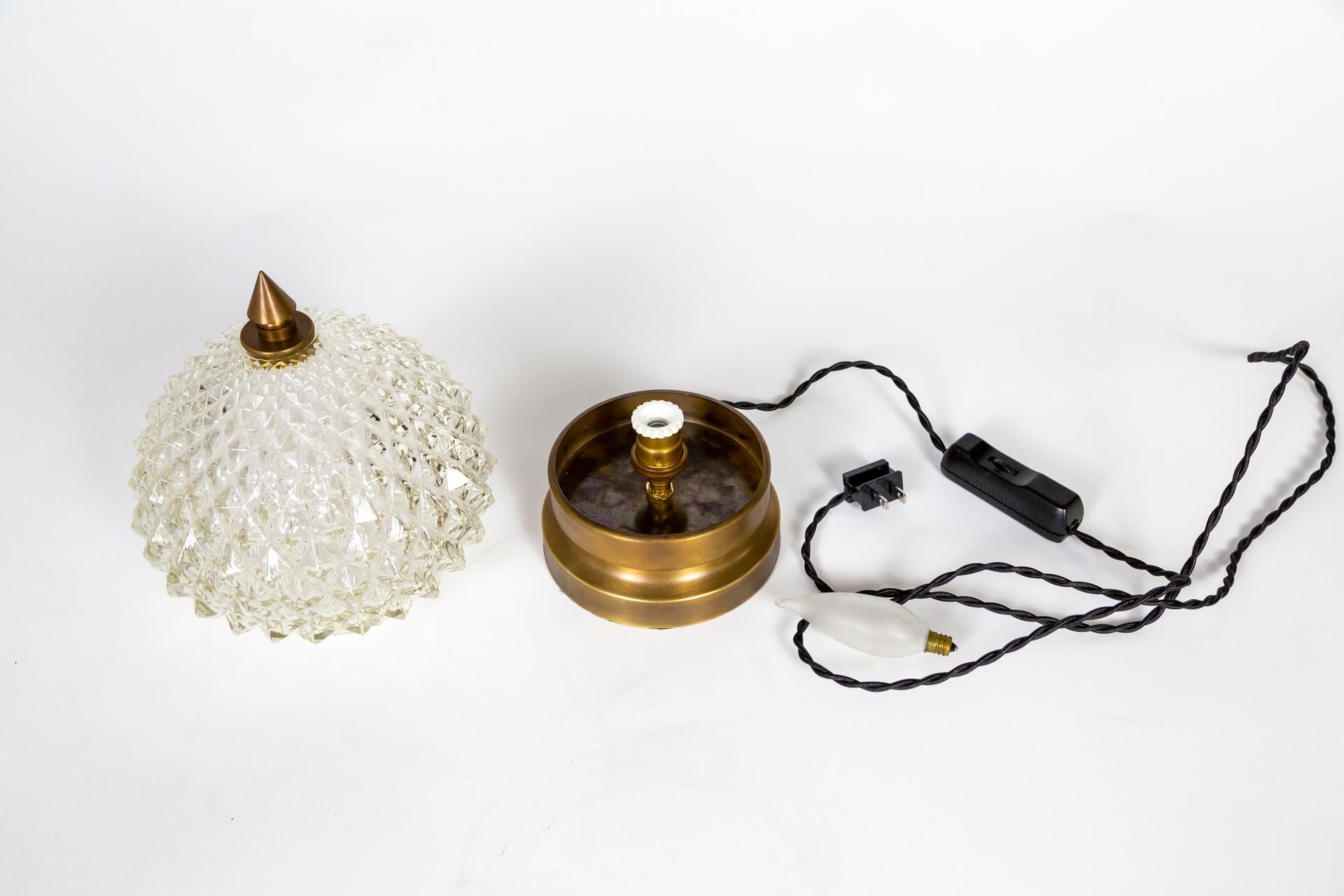 Brass Spherical Hollywood Regency Diamond Crystal Pressed Glass Lamp For Sale