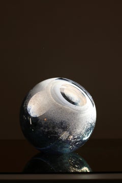 'Arctica' Spherical Mouth-Blown Glass Vase in White, Blue and Golden Clusters