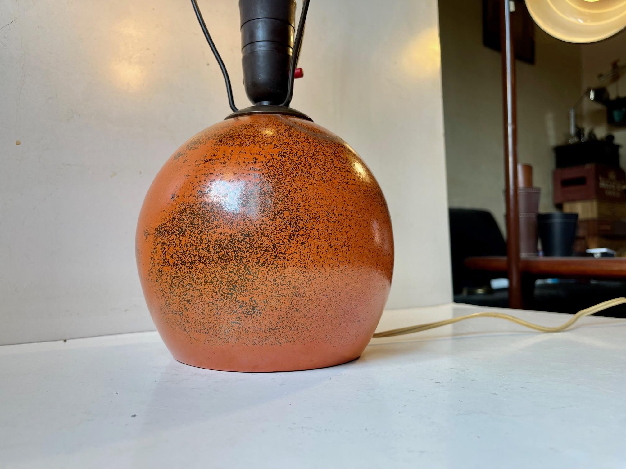 Art Deco Spherical Orange Pottery Table Lamp in the Style of Jean Besnard, France 1930s For Sale