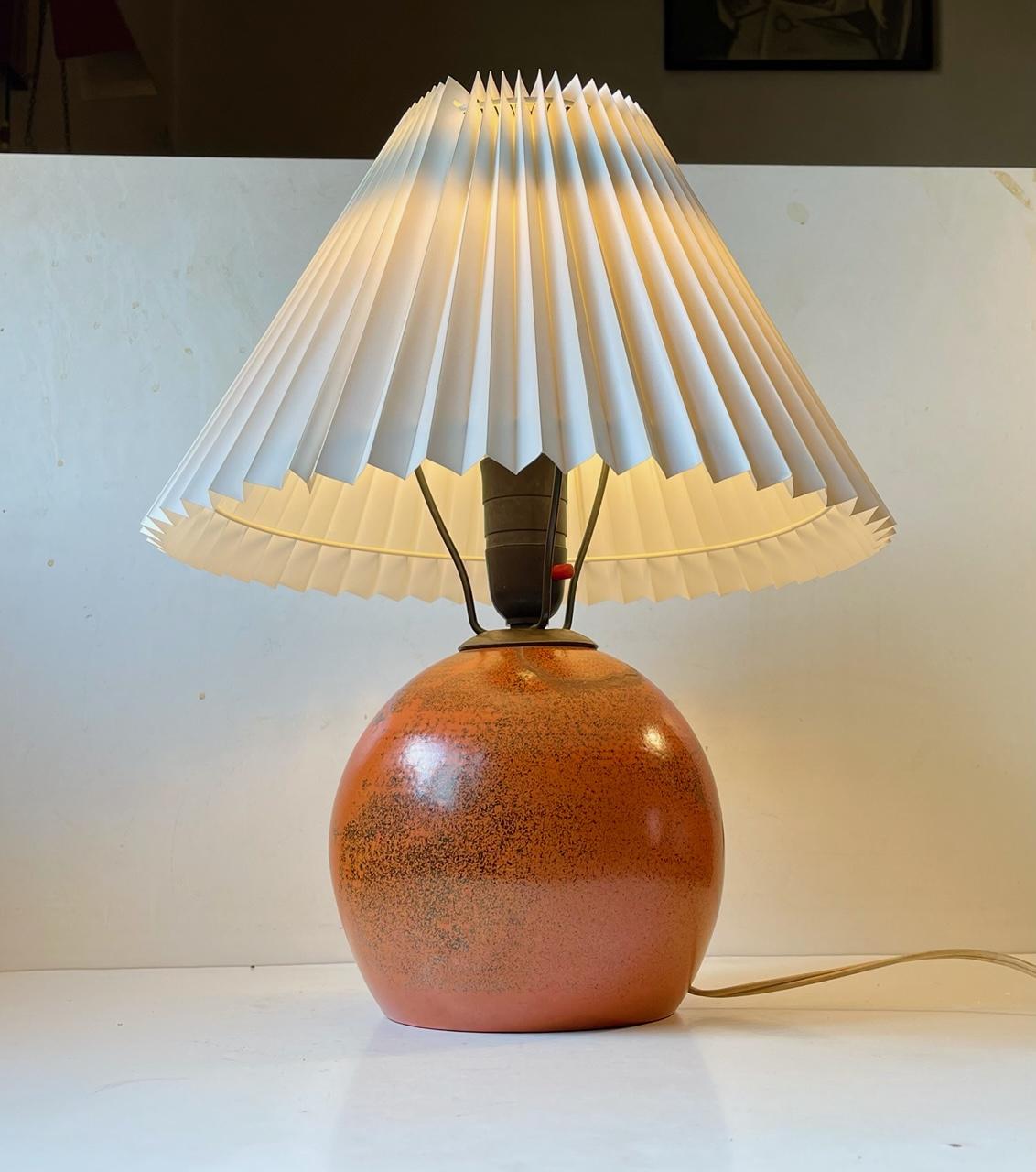 French Spherical Orange Pottery Table Lamp in the Style of Jean Besnard, France 1930s For Sale
