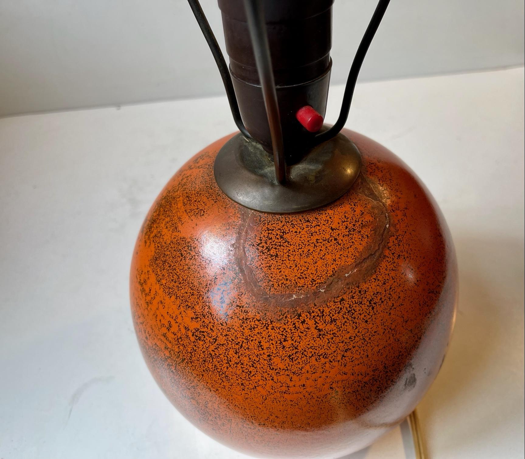 Glazed Spherical Orange Pottery Table Lamp in the Style of Jean Besnard, France 1930s For Sale