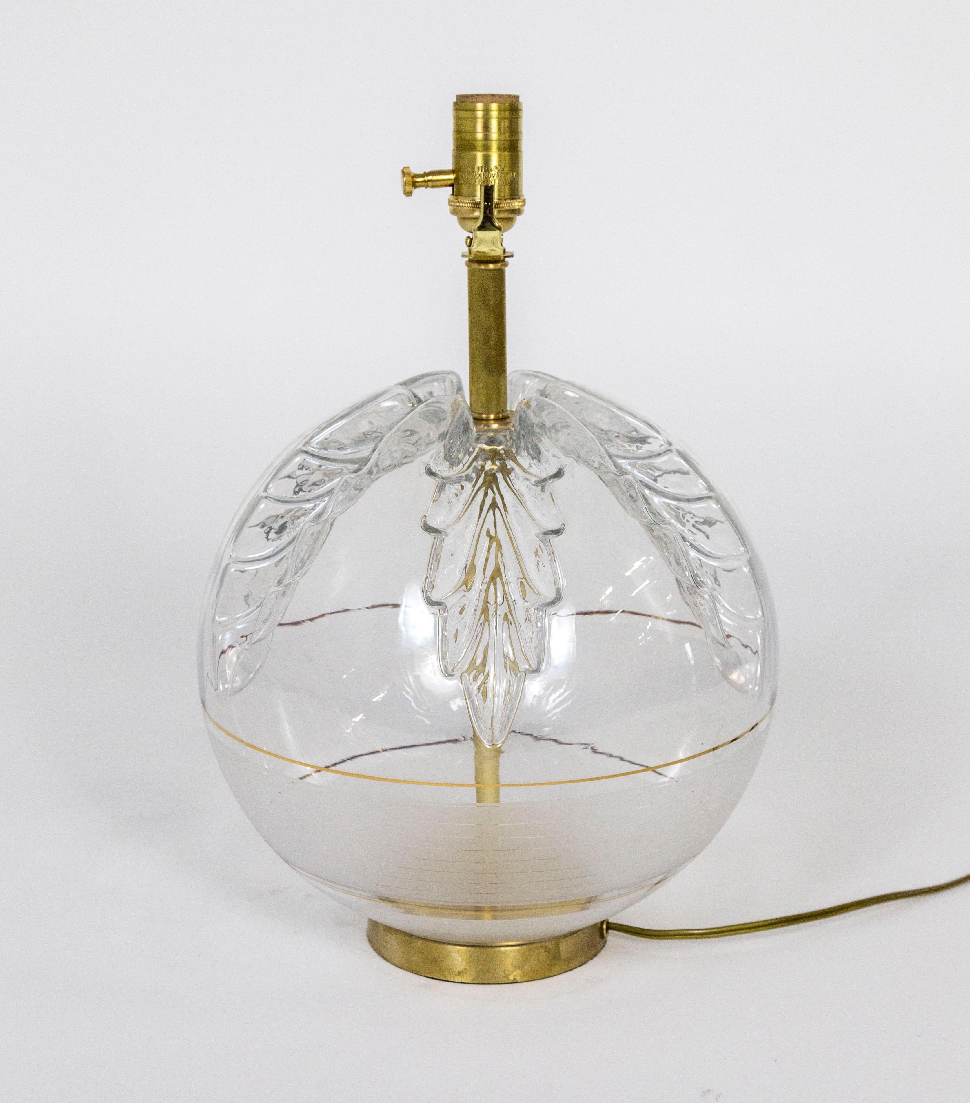 20th Century Spherical Pressed Glass Oak Leaf & Brass Lamp  For Sale