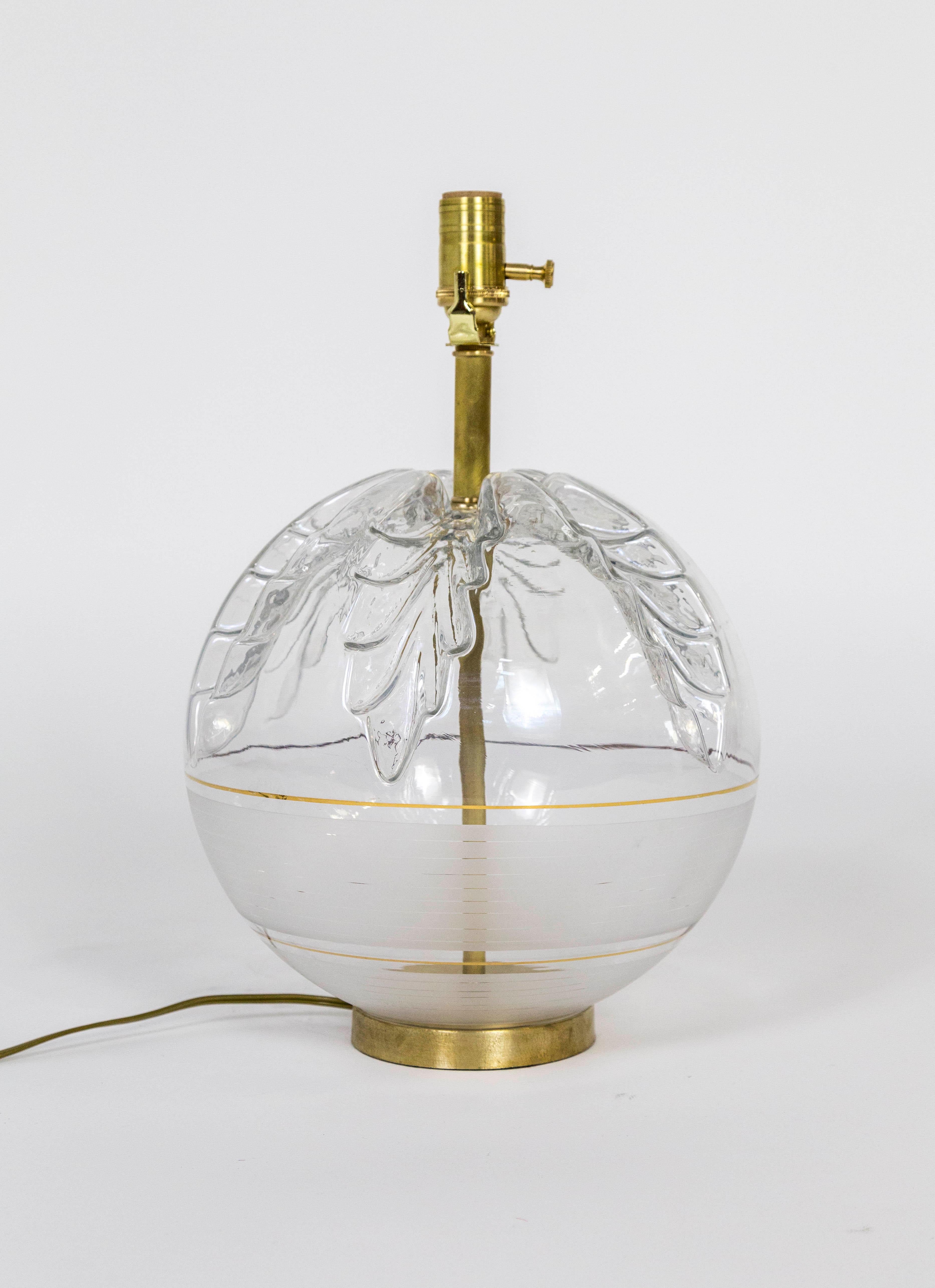 Spherical Pressed Glass Oak Leaf & Brass Lamp  For Sale 1