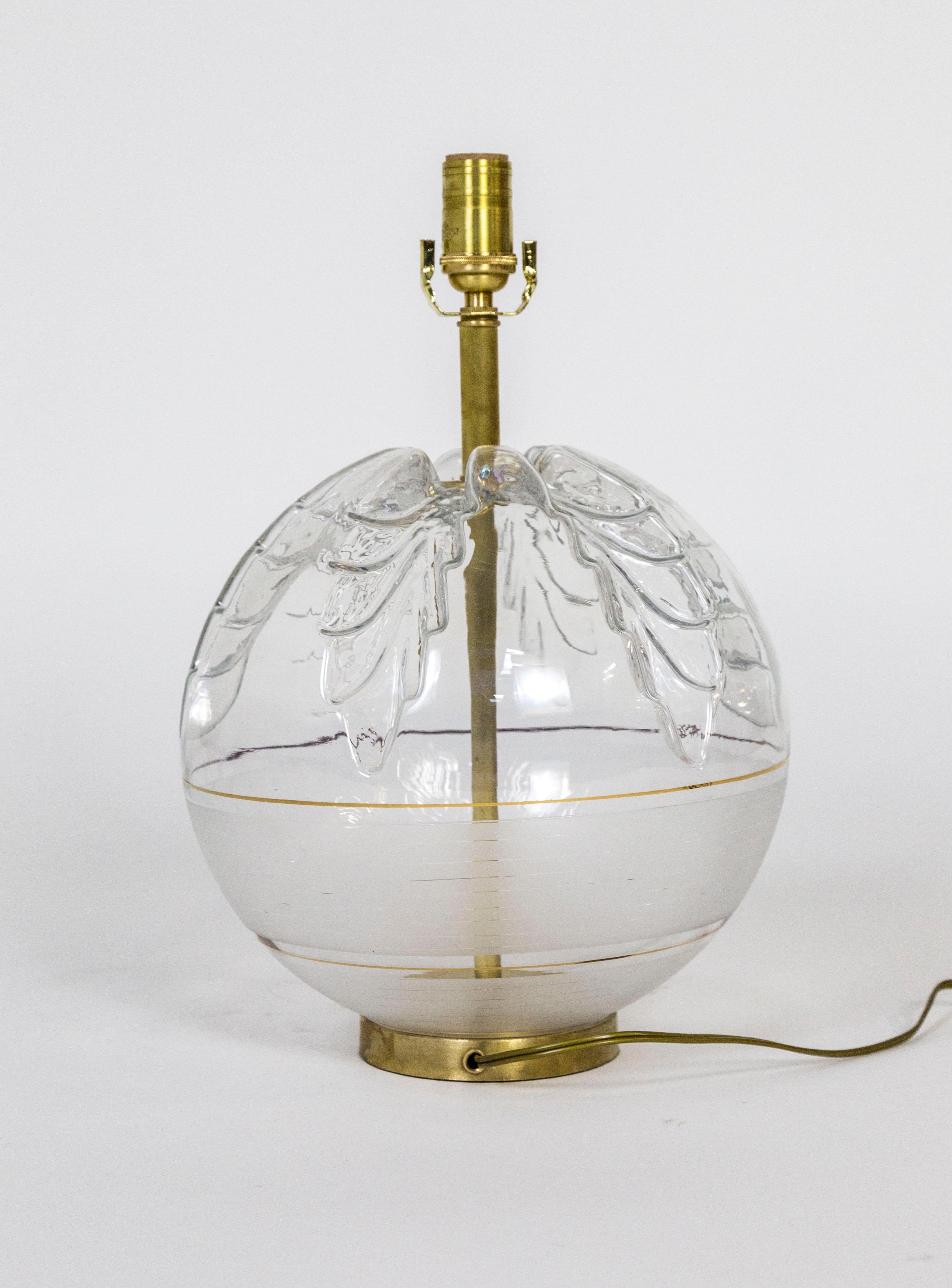 Spherical Pressed Glass Oak Leaf & Brass Lamp  For Sale 3