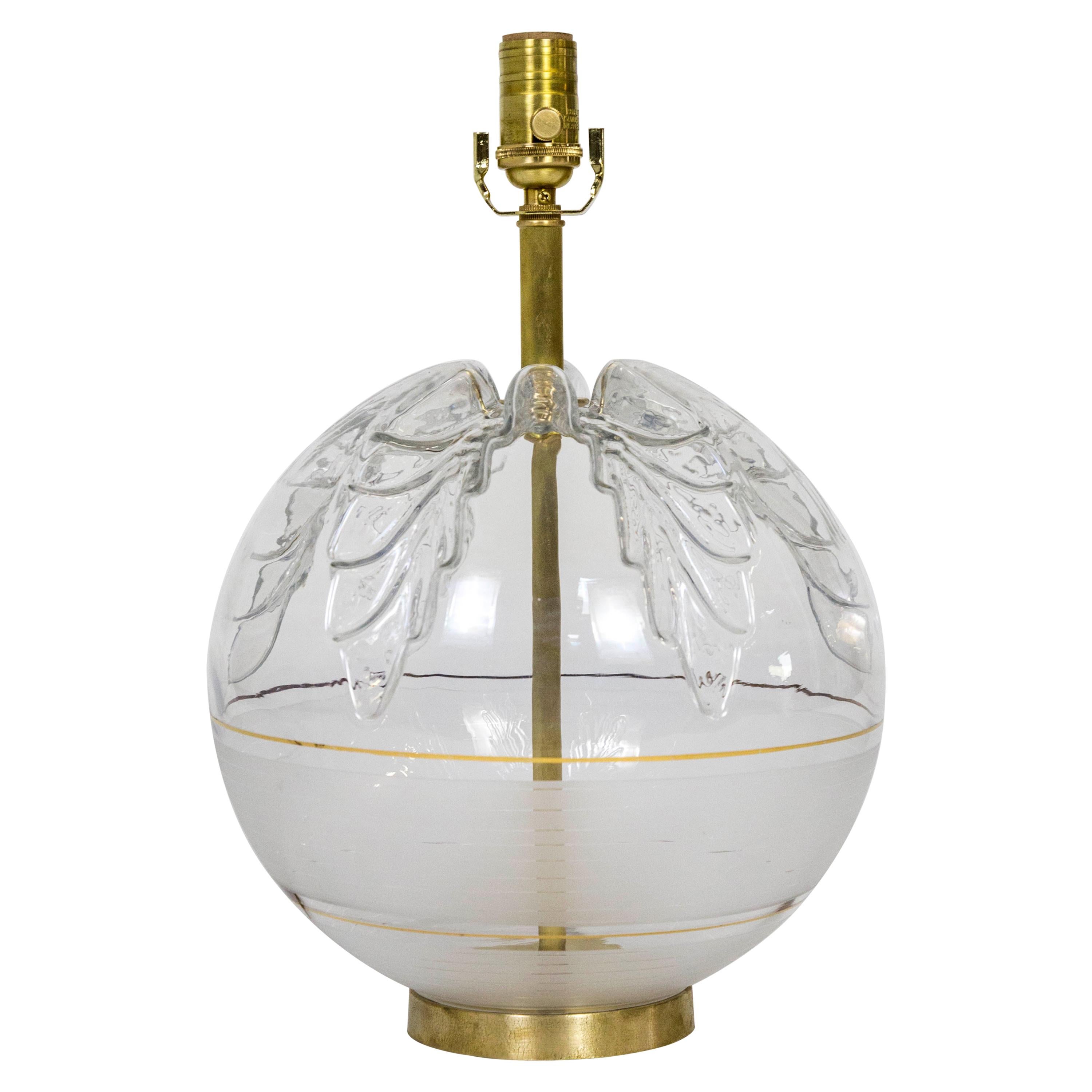 Spherical Pressed Glass Oak Leaf & Brass Lamp  For Sale