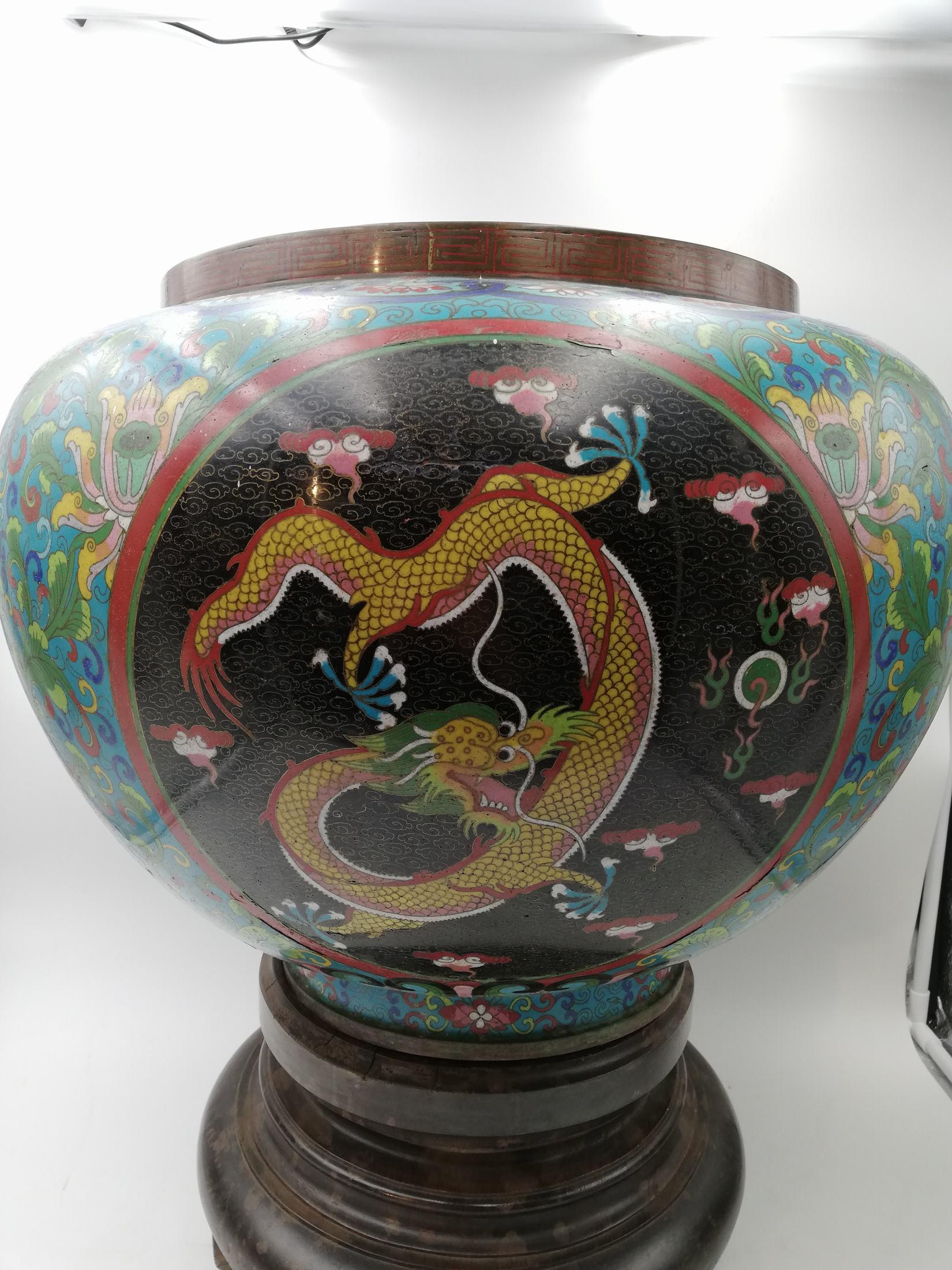Chinese Spherical Vase Forming Planter Cloisonné Decorated with Polychrome Floral Motifs For Sale