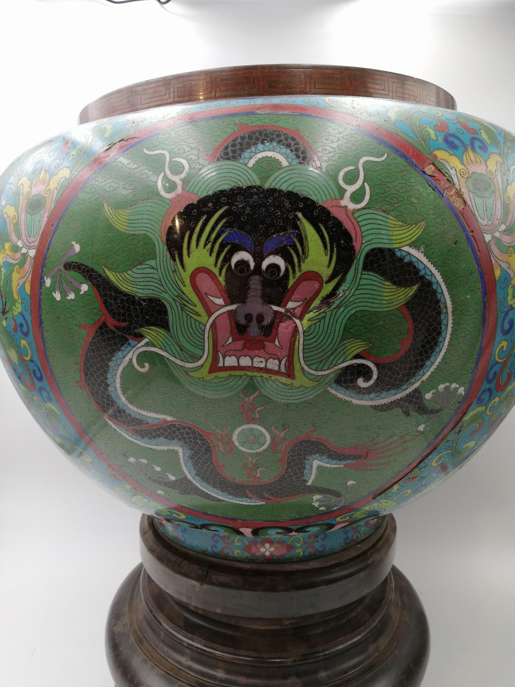 19th Century Spherical Vase Forming Planter Cloisonné Decorated with Polychrome Floral Motifs For Sale