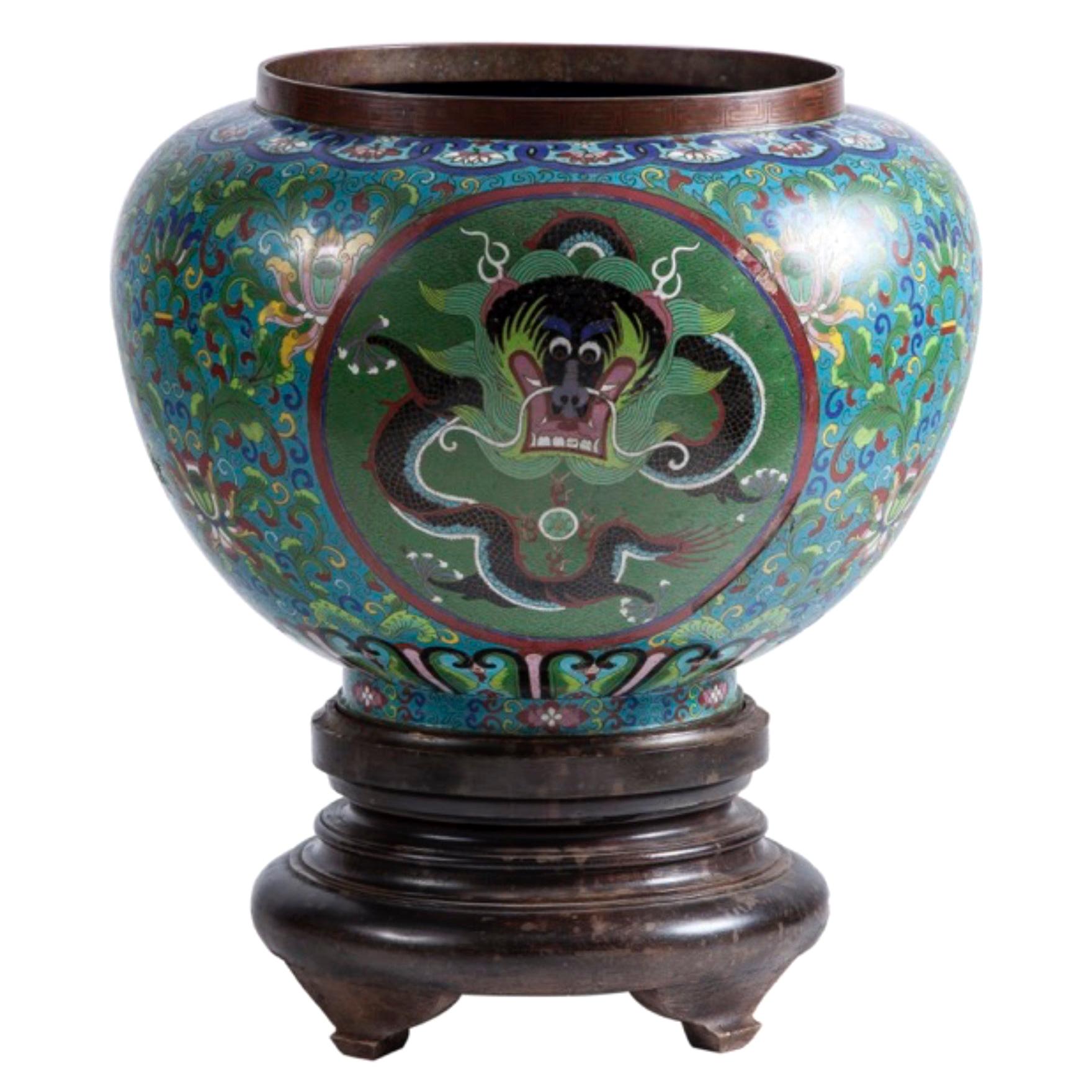 Spherical Vase Forming Planter Cloisonné Decorated with Polychrome Floral Motifs For Sale