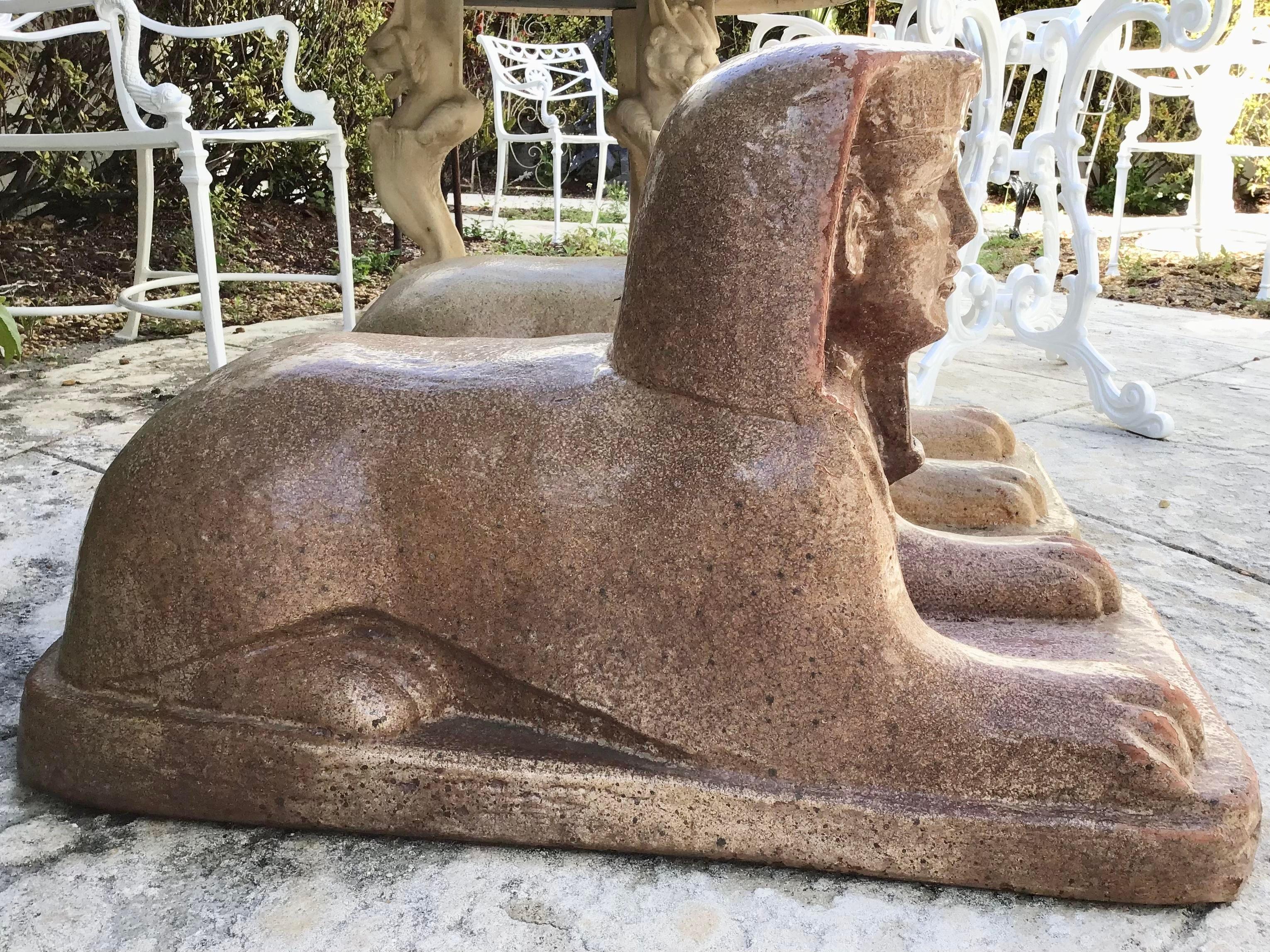 Sphinx Glazed Terra Cotta Statues, a Pair In Good Condition In Los Angeles, CA