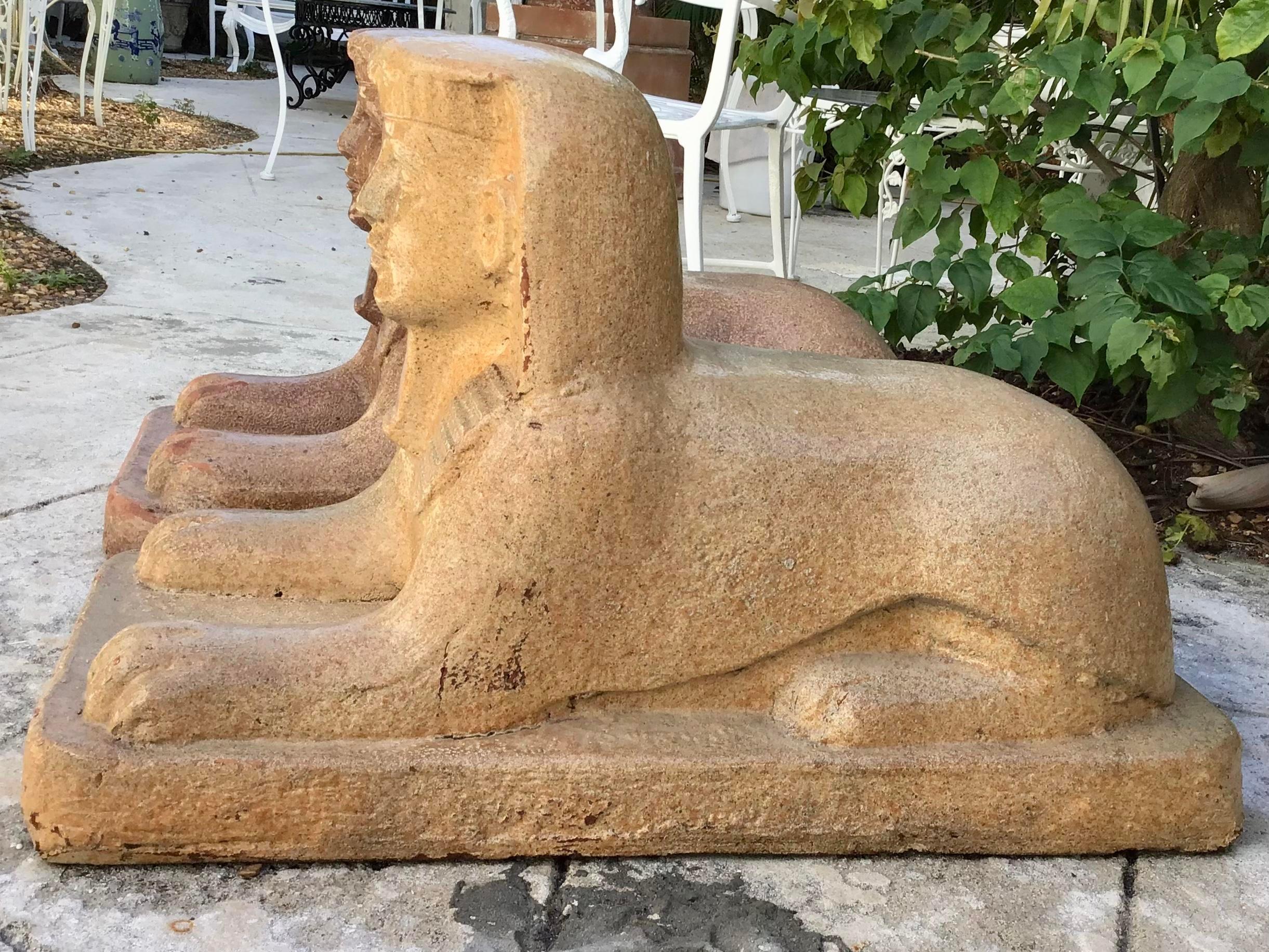 Mid-20th Century Sphinx Glazed Terra Cotta Statues, a Pair